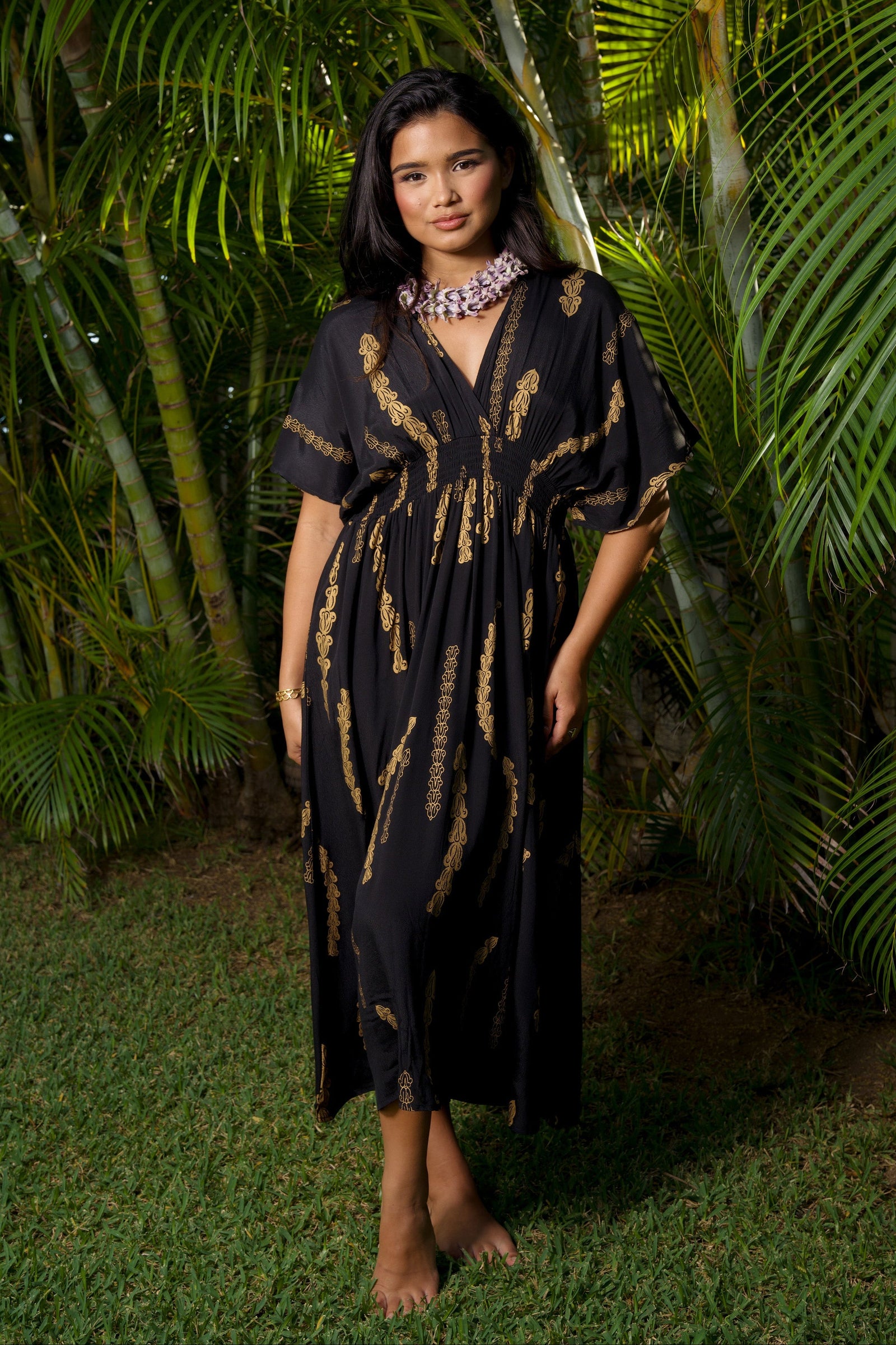 Dress Kamaile Black Gold Lei Pua Kalaunu