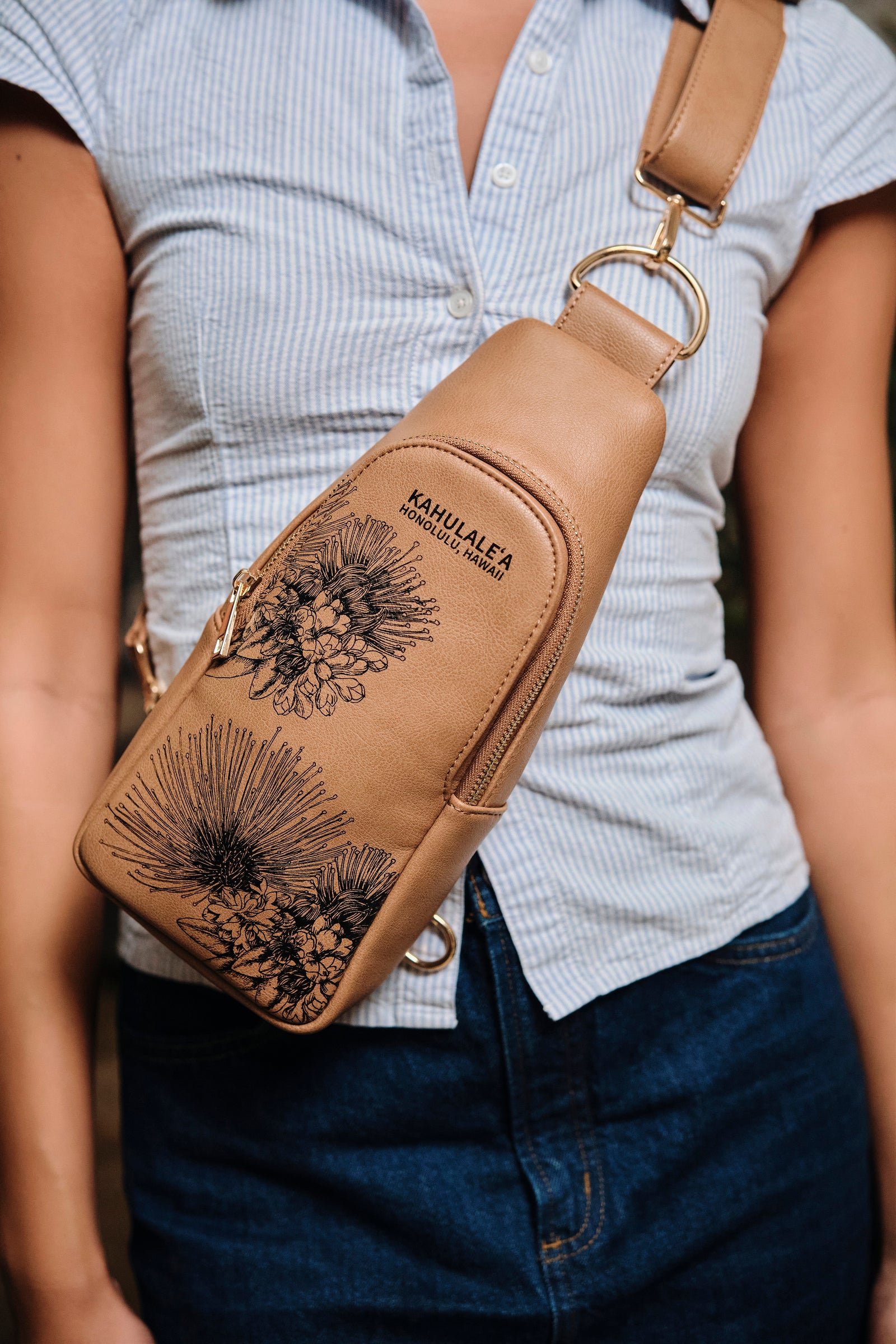 Front view of the tan Chest Pack by Kahulaleʻa