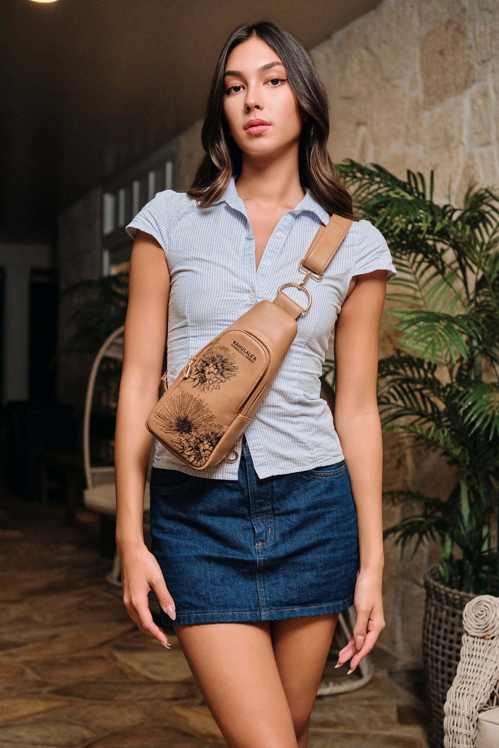 Front view of the tan Chest Pack by Kahulaleʻa