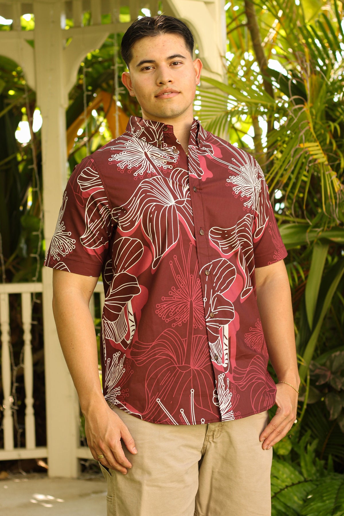 Men's Aloha Shirt in Bordeaux Koki'o - Front View | Kahulaleʻa