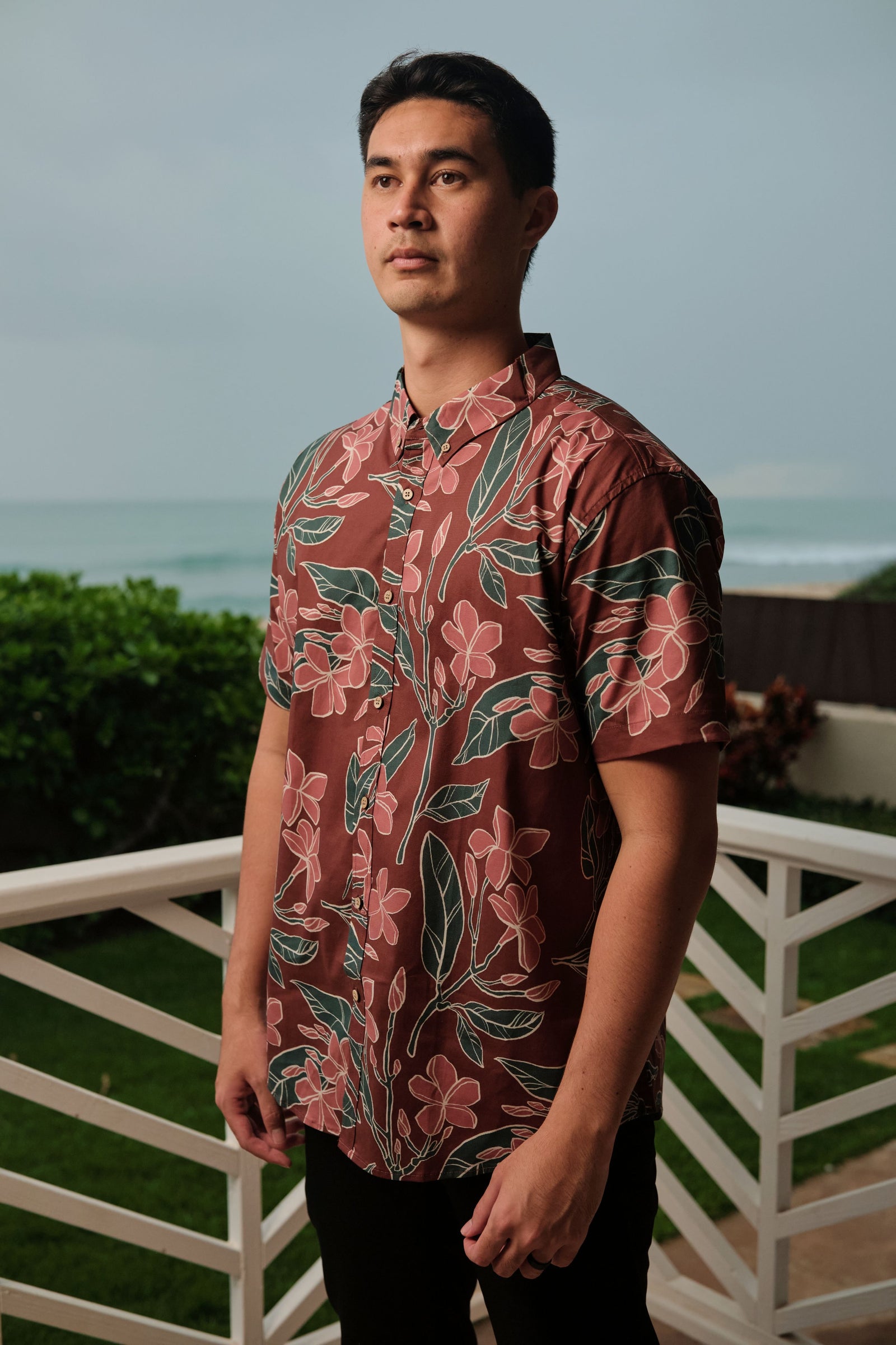 Men's Aloha Shirt in Burgundy Pua Melia - Front View | Kahulaleʻa