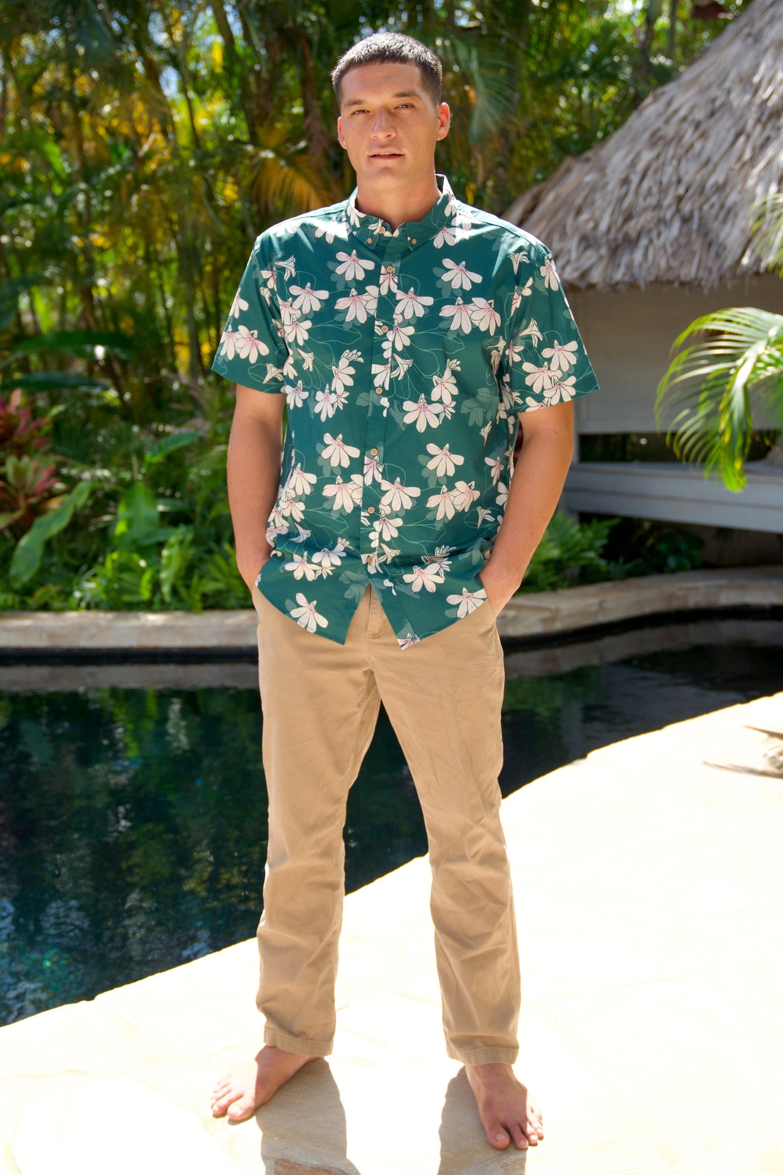 Men's Aloha Shirt Emerald Naupaka