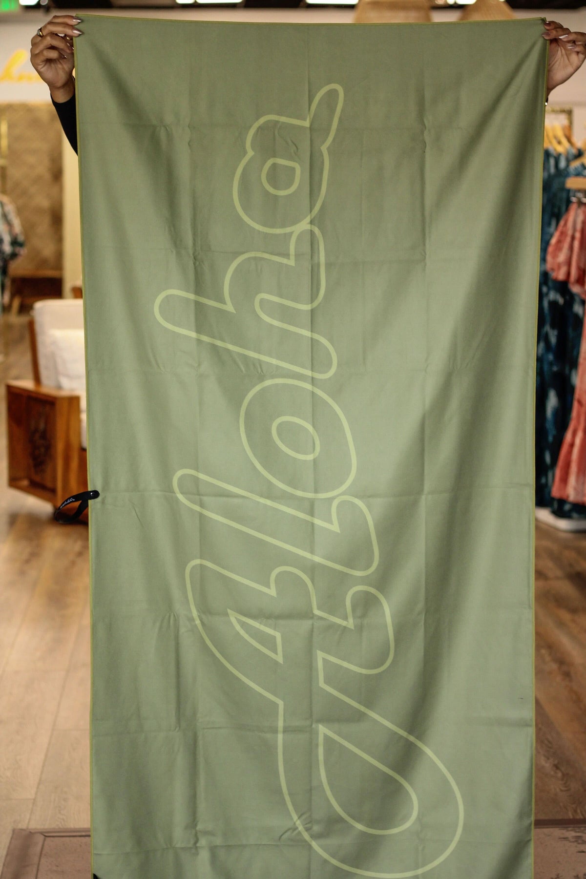 Microfiber Beach Towel in Olive Kalo - Back View | Kahulaleʻa