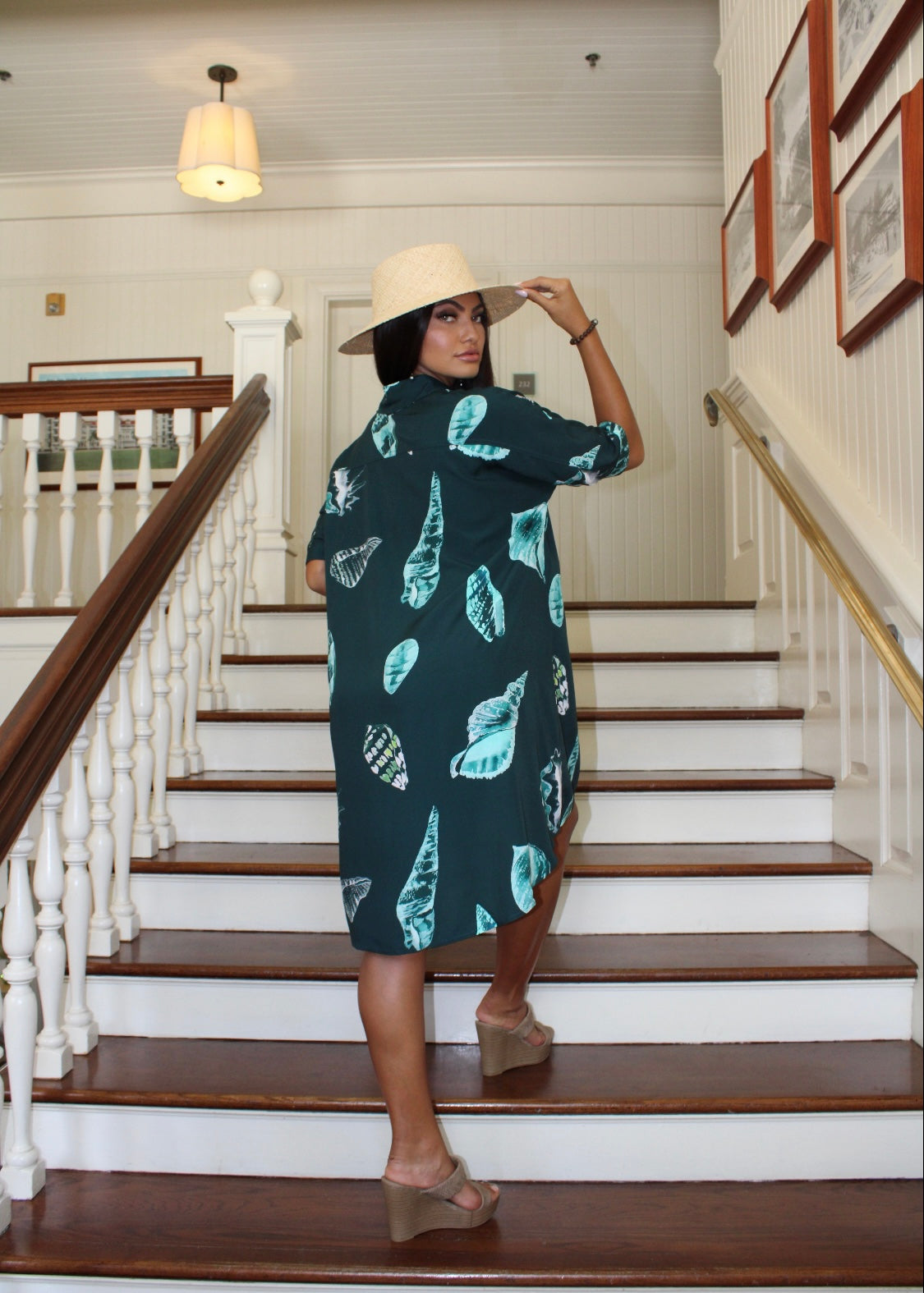 Women's Dress Aulii in Teal Hawaiian Seashells - Back View | Kahulaleʻa