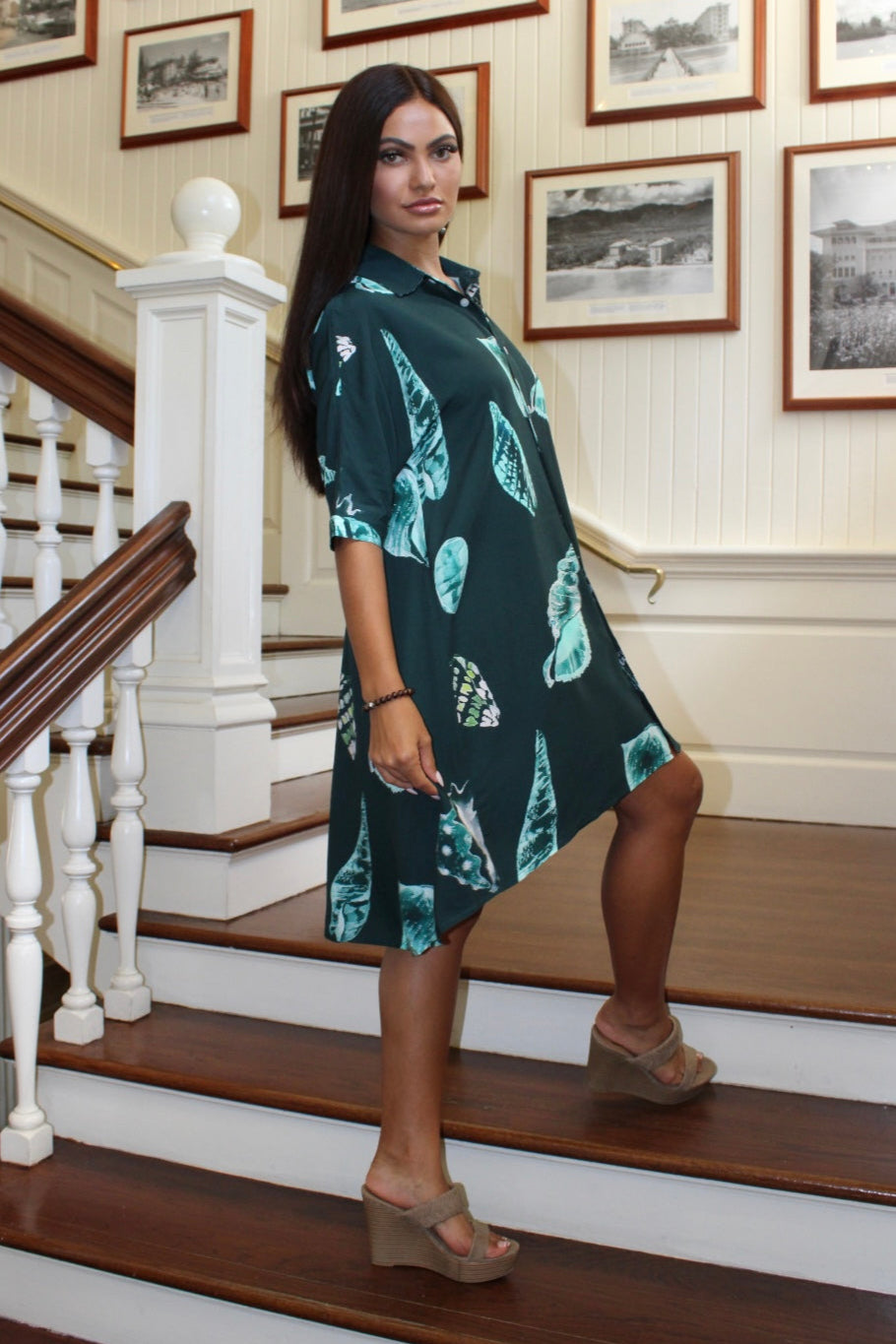 Women's Dress Aulii in Teal Hawaiian Seashells - Side View | Kahulaleʻa