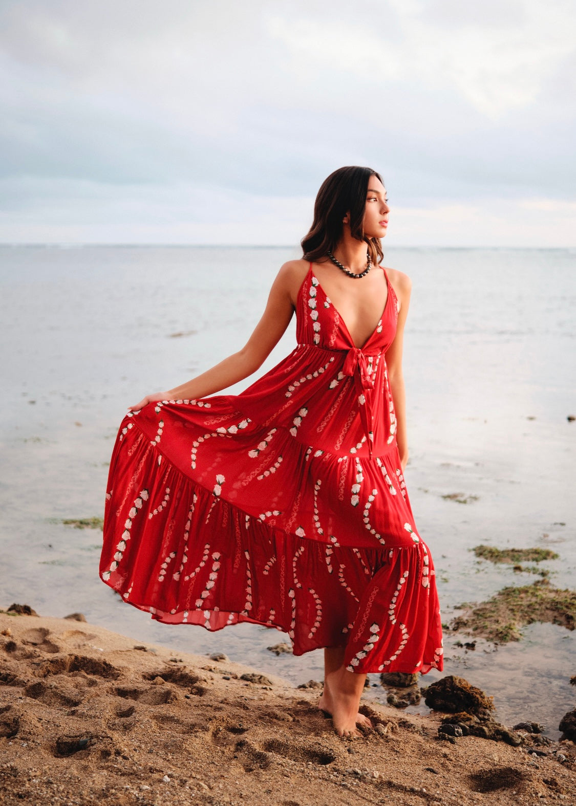 Women's Dress in Makamae Red Lei Loke - Front View | Kahulaleʻa