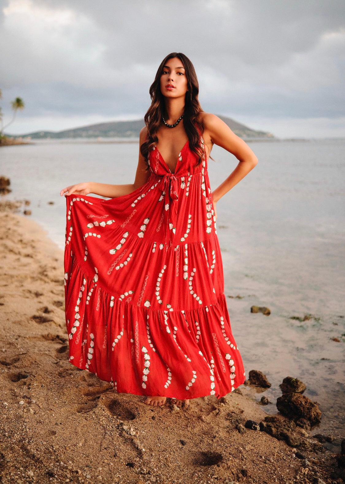 Women's Dress in Makamae Red Lei Loke - Front View | Kahulaleʻa