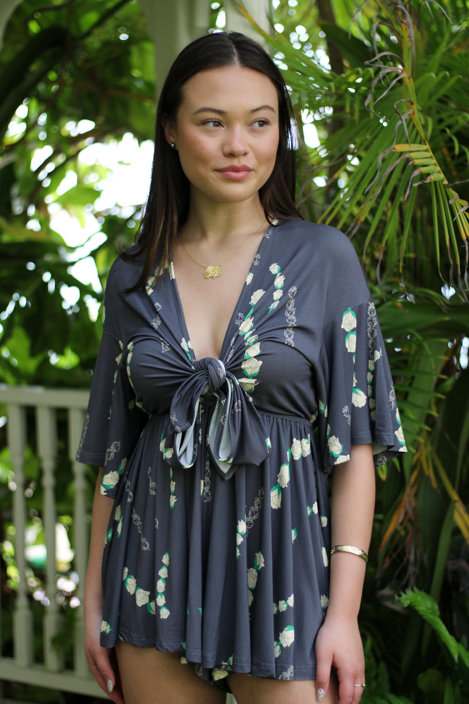 Women's Ipolani Romper in Taupe Lei Loke - Front View | Kahulaleʻa