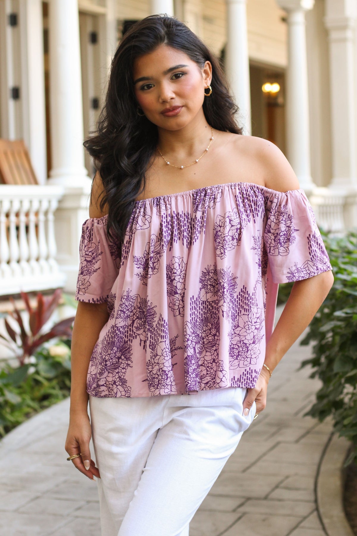 Women's Kapono Top in Mulberry Ka Ua Moaniani Lehua O Puna - Front View | Kahulaleʻa