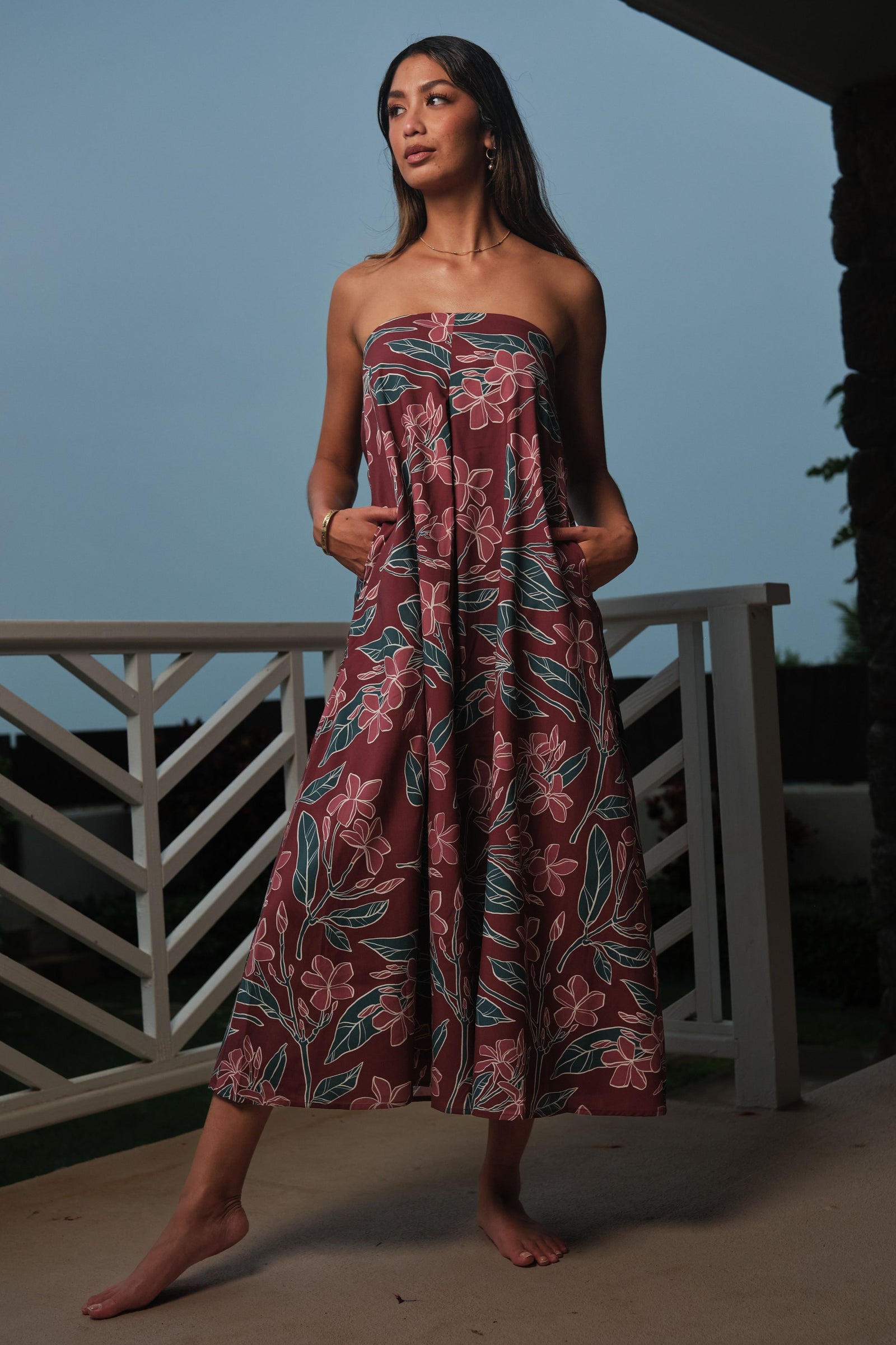 Women's La'akea Dress in Burgundy Pua Melia - Front View | Kahulaleʻa
