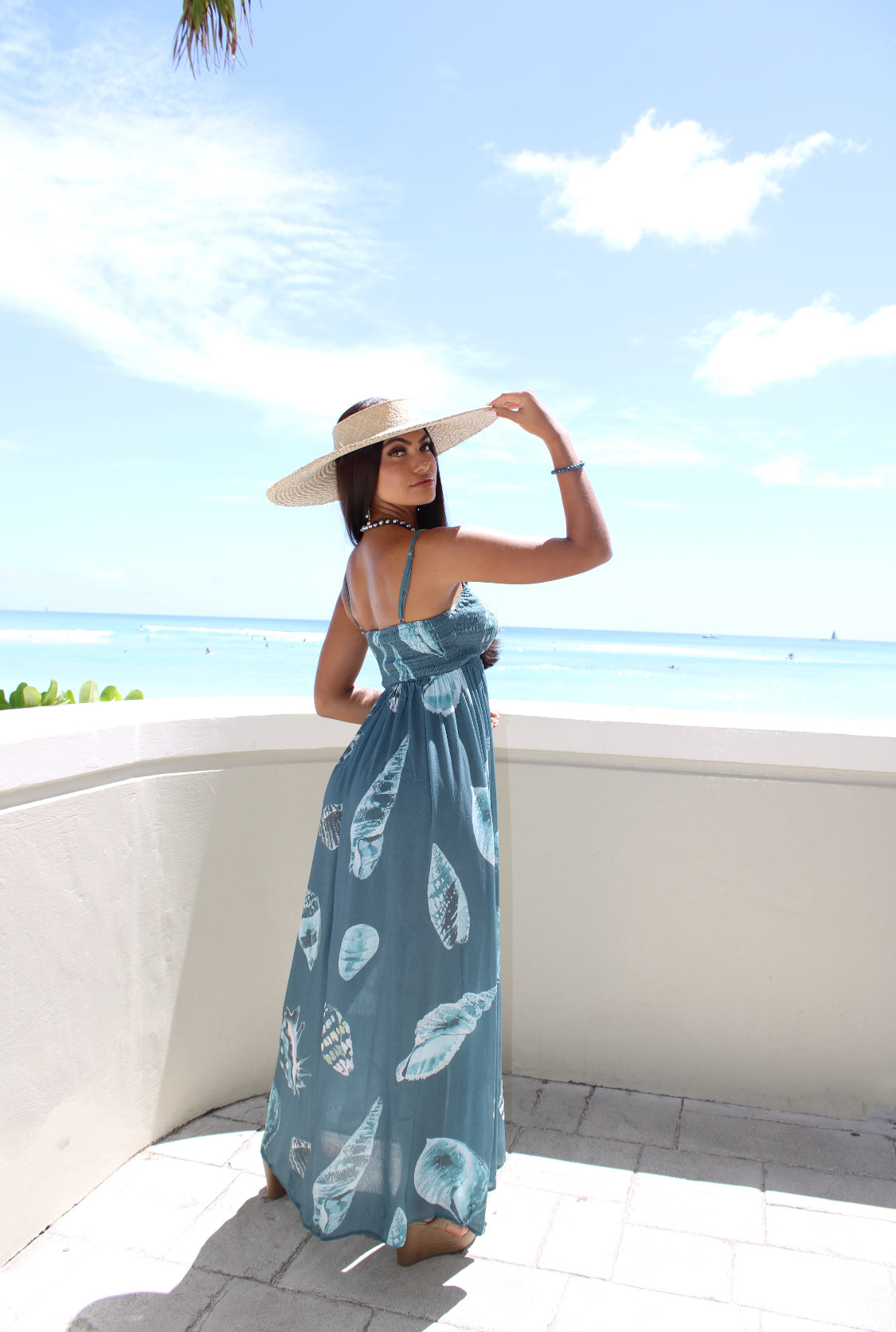 Women's Leiha‘a Maxi Dress in Teal with Hawaiian Seashells - Back View | Kahulaleʻa