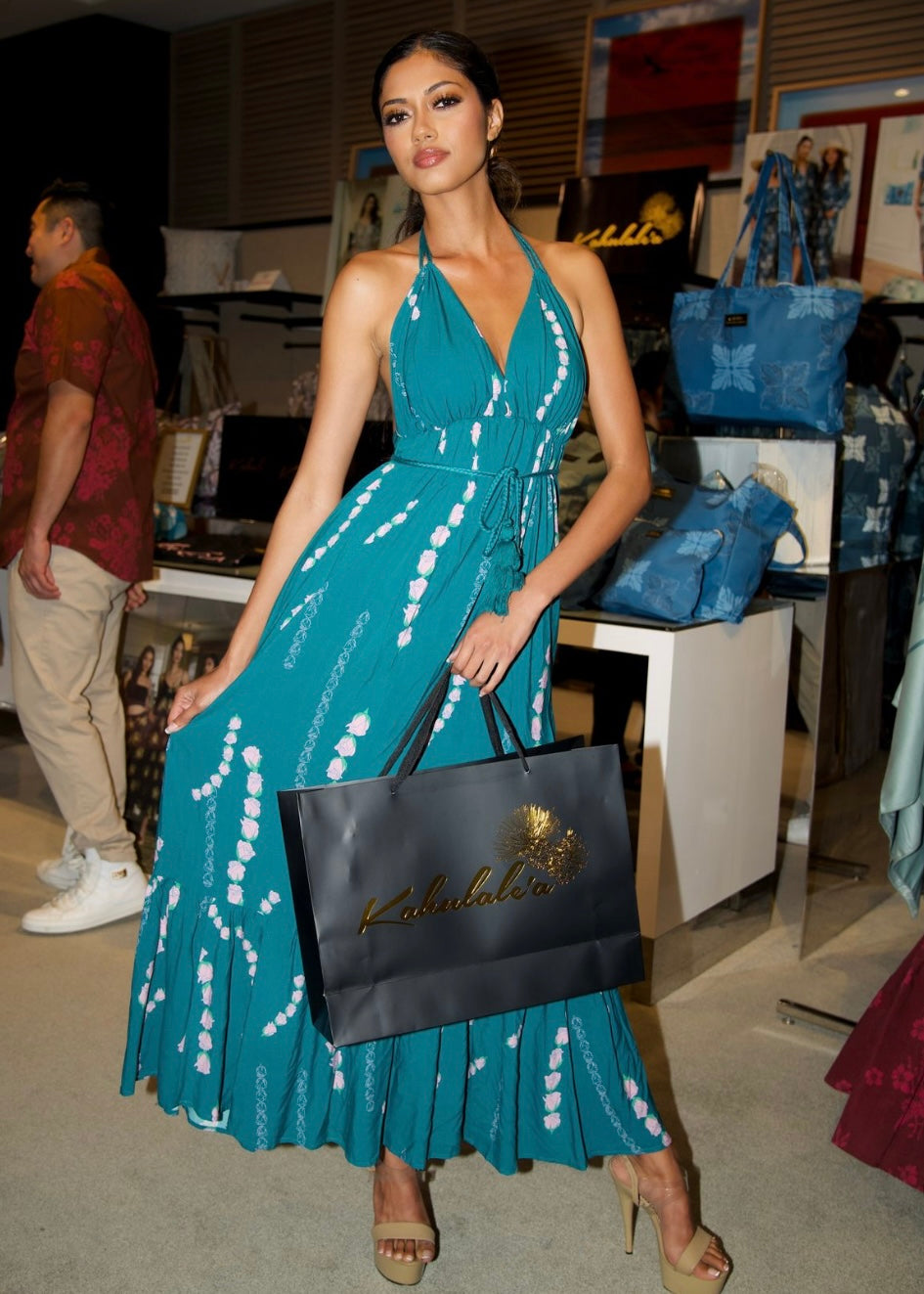 Women&#39;s Maxi Dress Malia in Teal Lei Loke - Front View | Kahulaleʻa