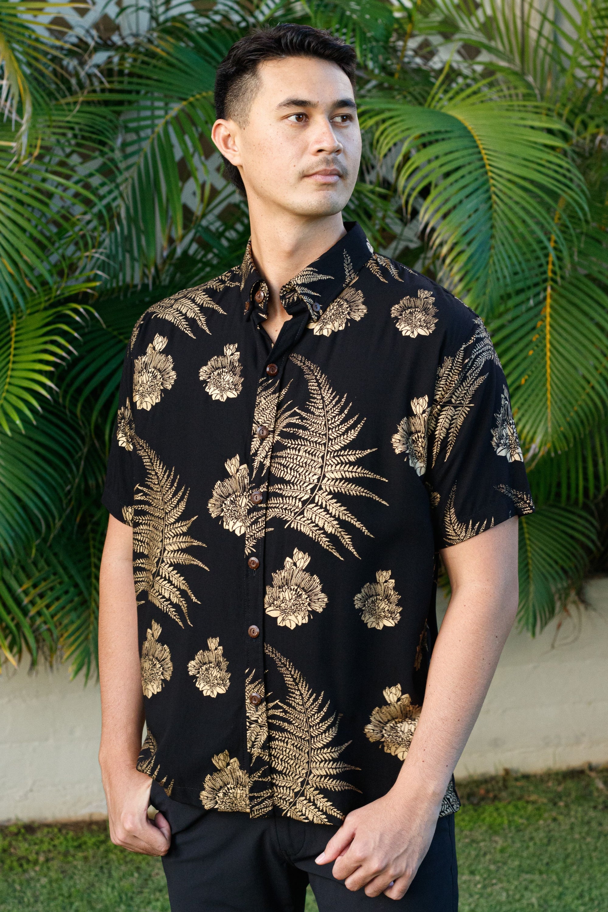 Men's Aloha Shirt Black Gold Palapalai Lehua
