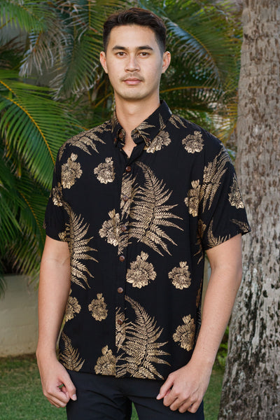 Men's Aloha Shirt Black Gold Palapalai Lehua
