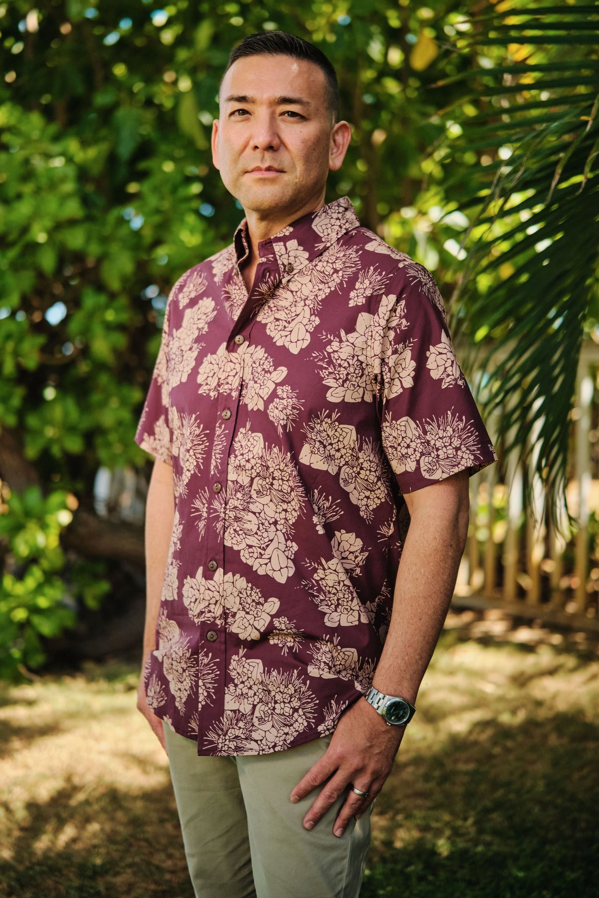 Men&#39;s Aloha Shirt Purple Beige Lehua Nui