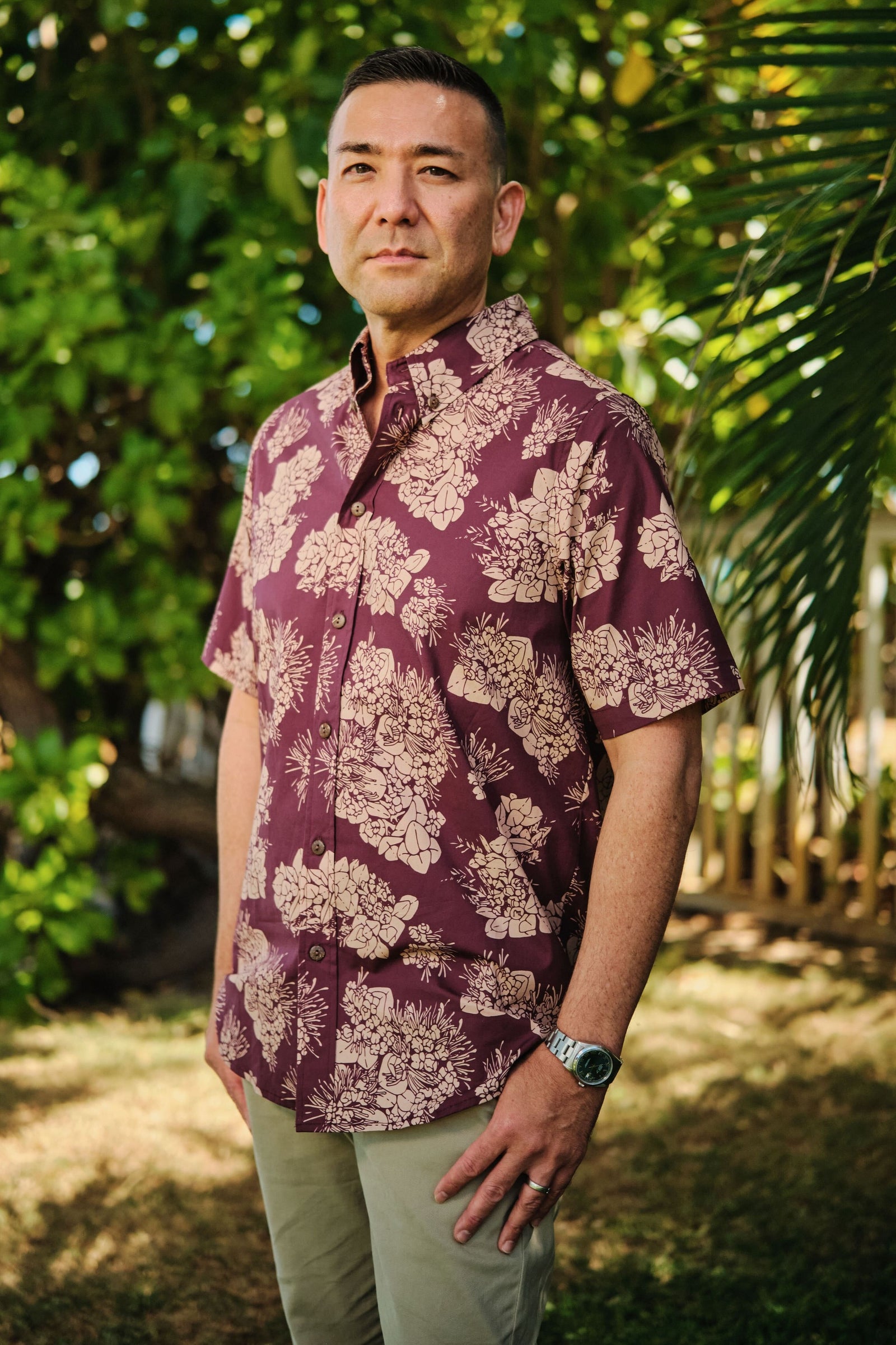 Men's Aloha Shirt Purple Beige Lehua Nui