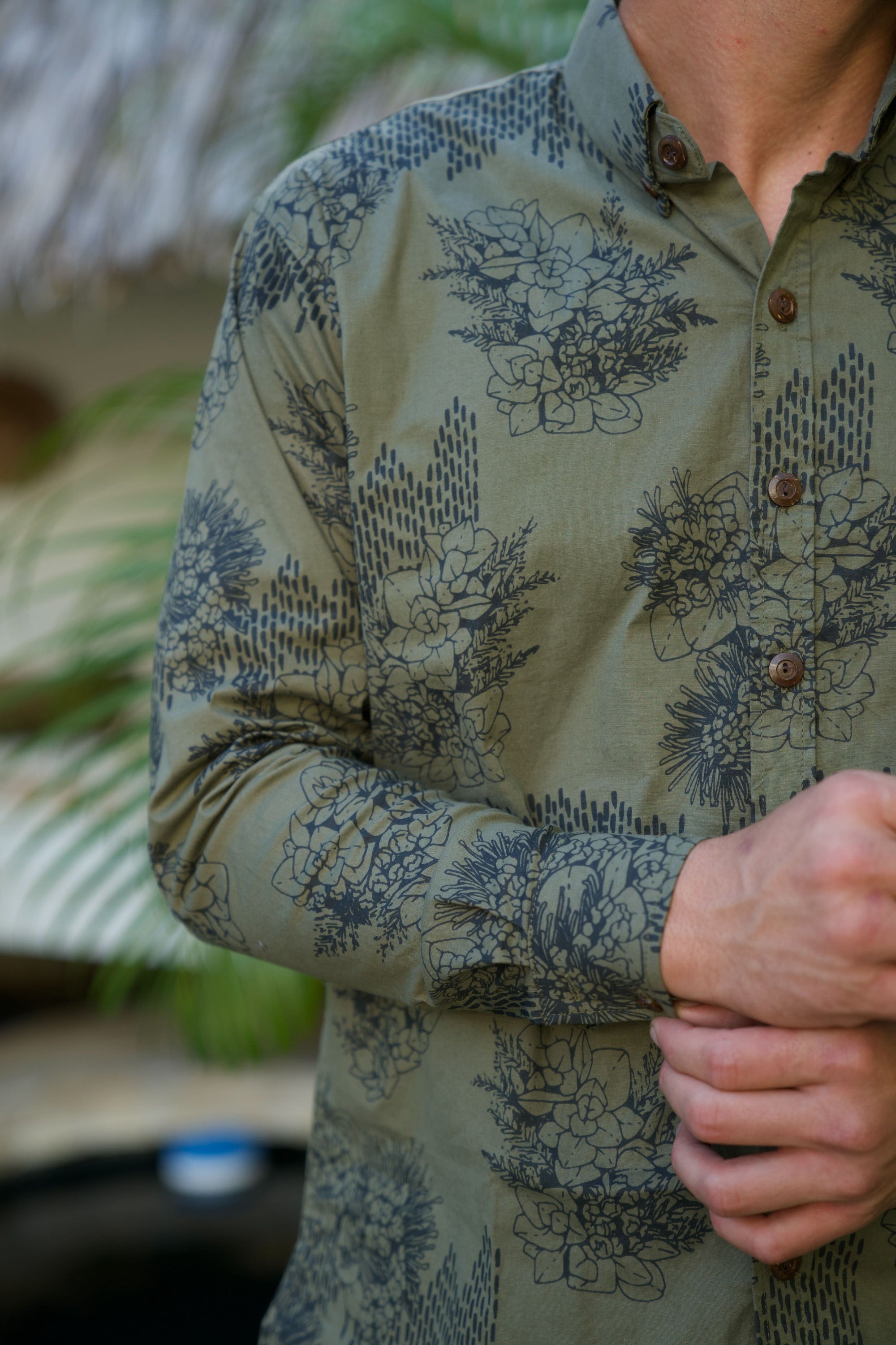 Men's Aloha Shirt Long Sleeve Olive Ka Ua Moaniani Lehua O Puna