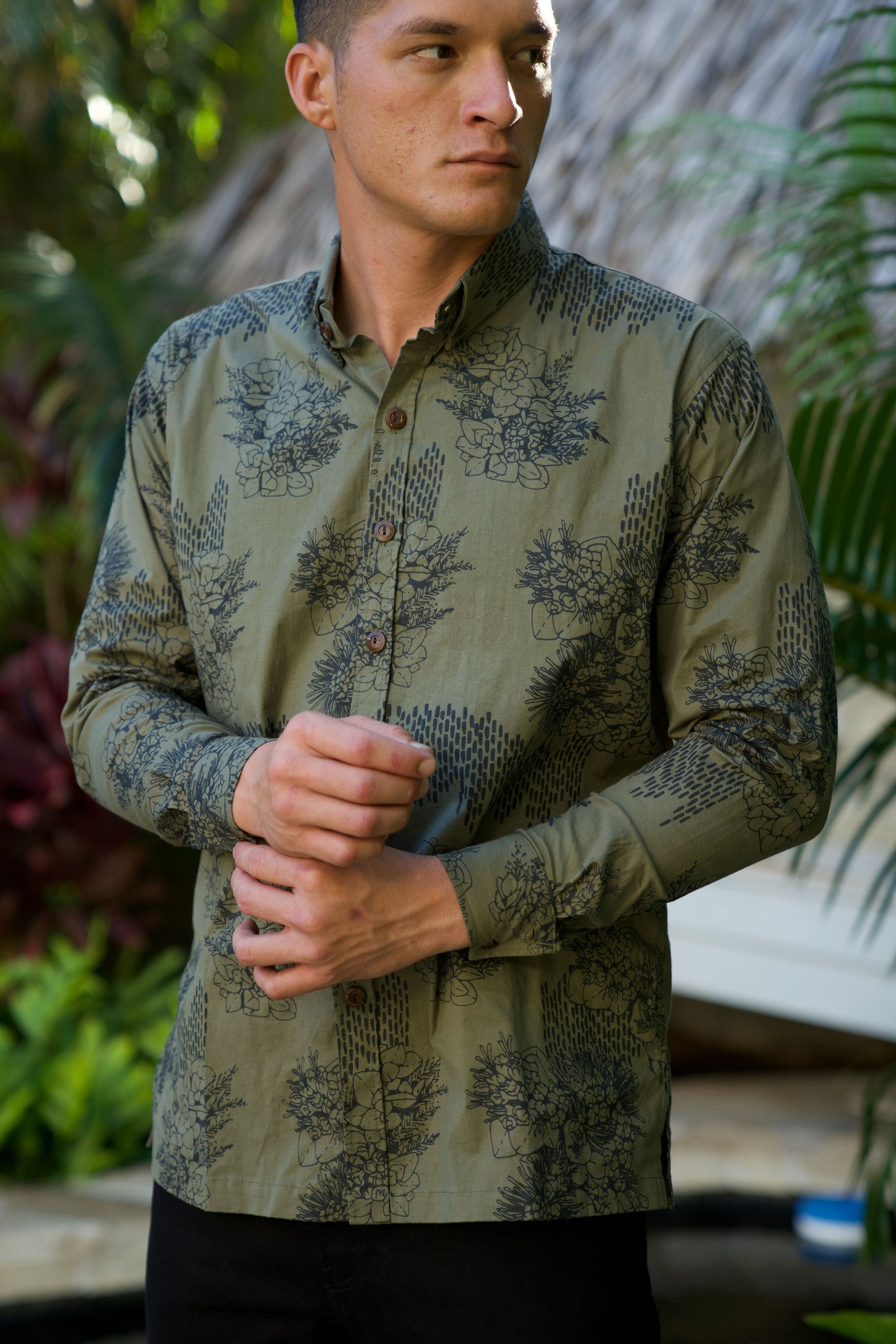 Men's Aloha Shirt Long Sleeve Olive Ka Ua Moaniani Lehua O Puna