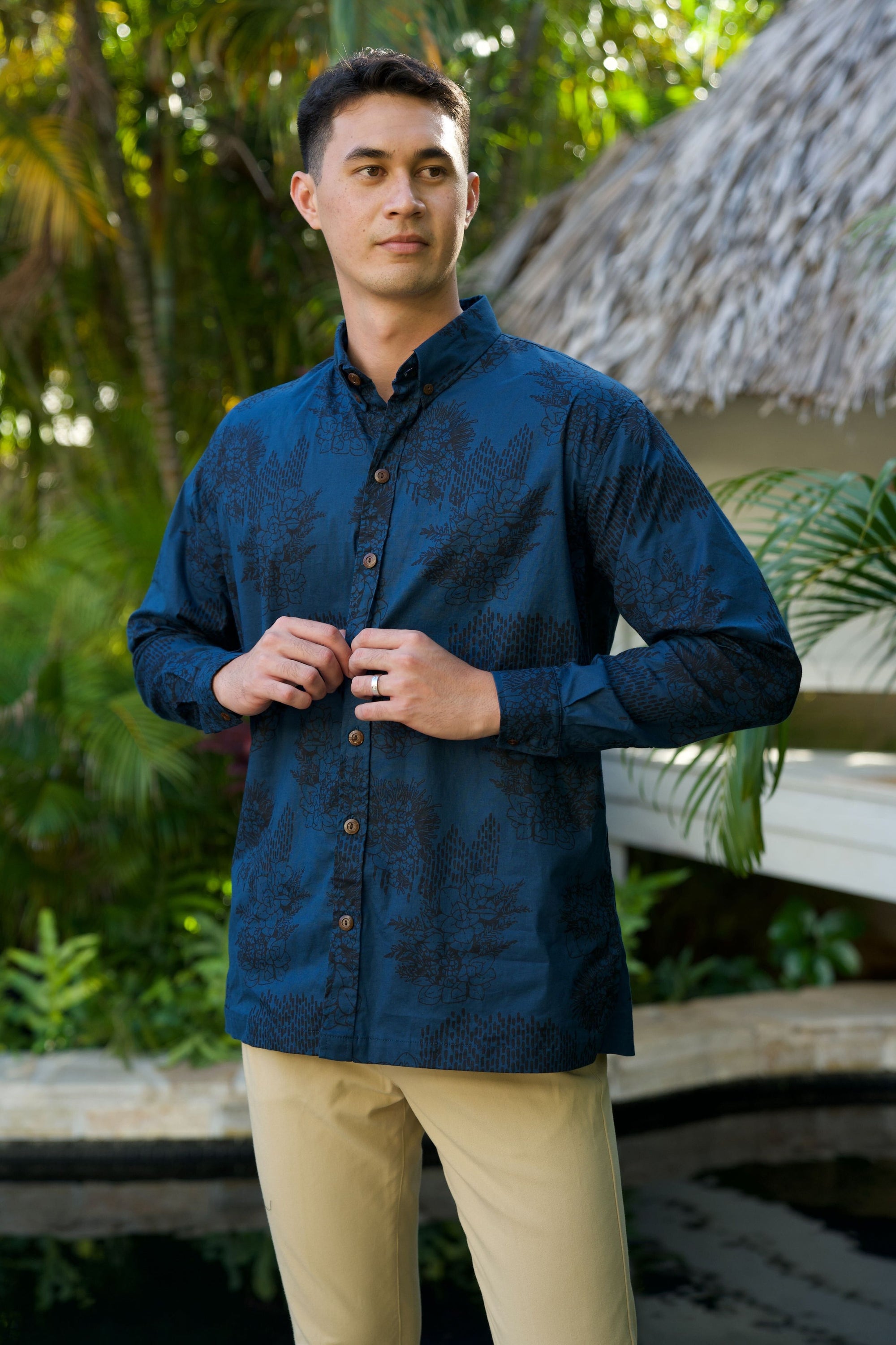 Men's Aloha Shirt Long Sleeve Sapphire Ka Ua Moaniani Lehua O Puna