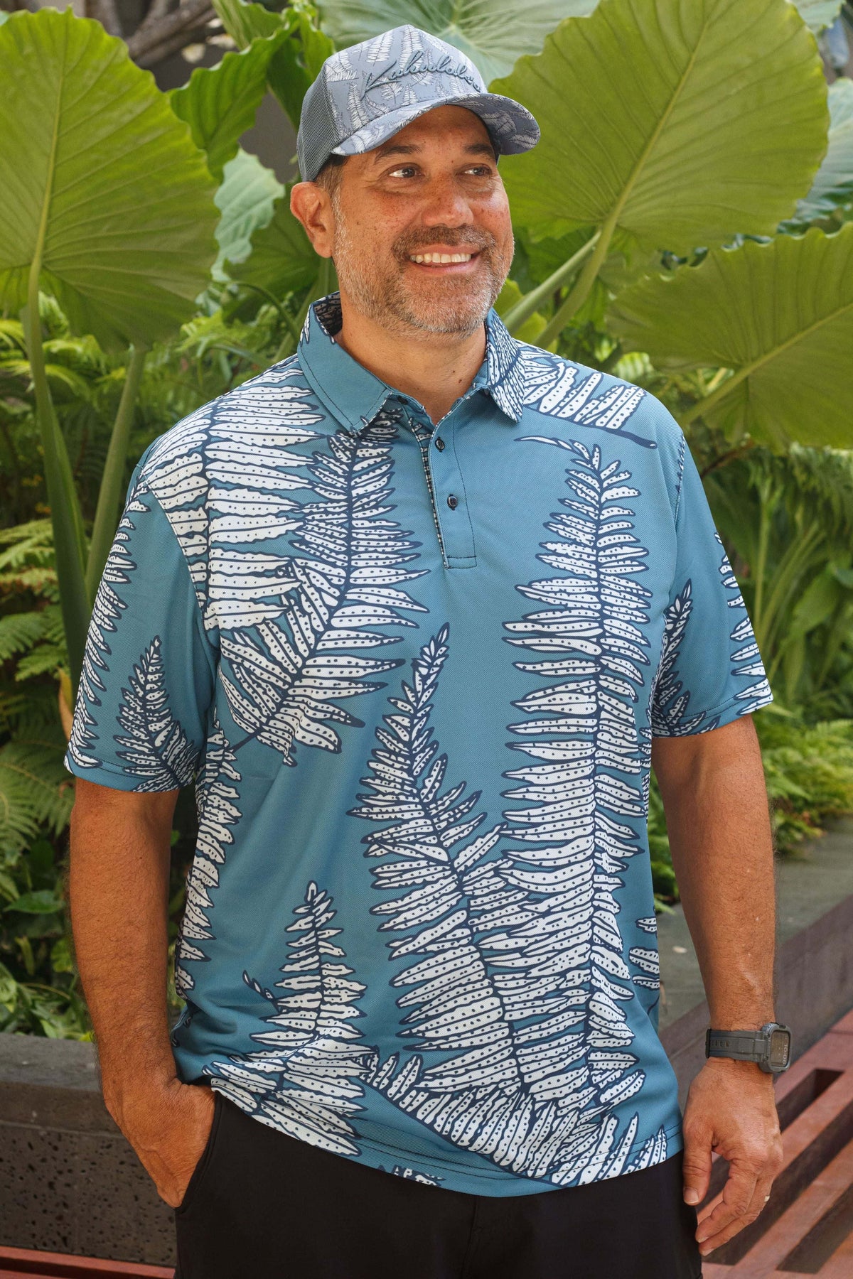 Men's ʻEkahi Polo in Steel Blue Kupukupu — Front View, On-Model | Kahulaleʻa