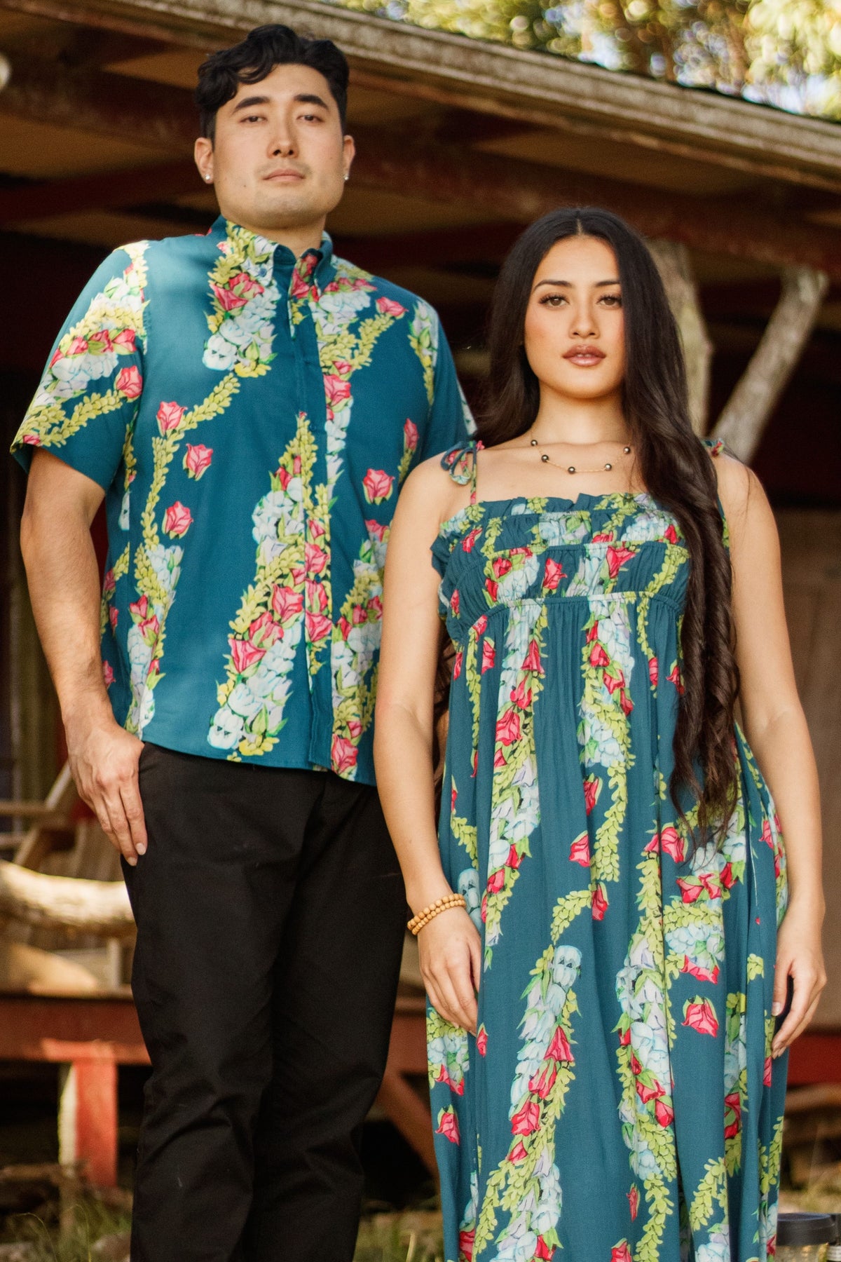 Men's Aloha Shirt in Blue Lei Kaʻiʻini — Front View, with Dress Wainui | Kahulaleʻa