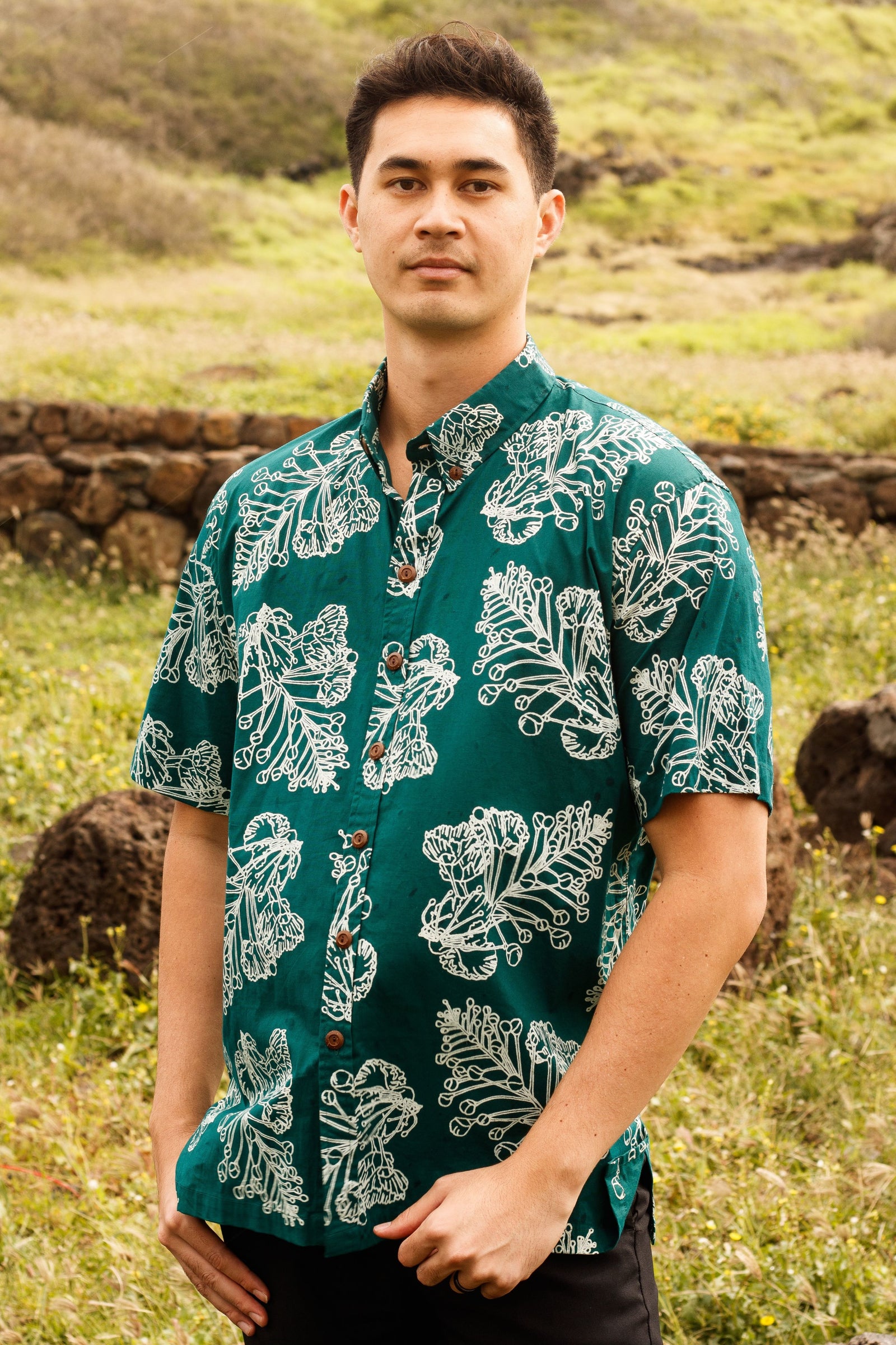 Mens Aloha Shirt Midnight Teal ʻŌhai Aliʻi