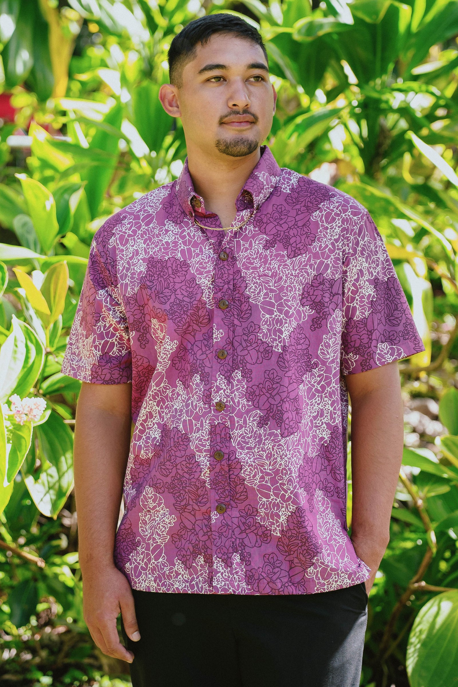 Men's Aloha Shirt in Orchid Liko — Front View | Kahulaleʻa