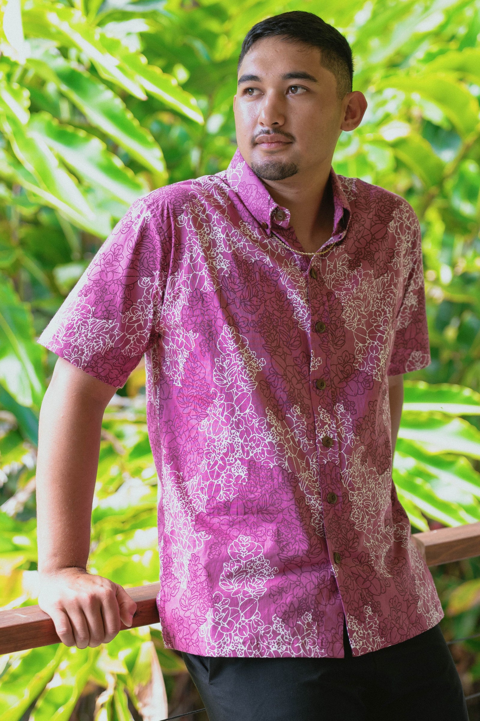 Men's Aloha Shirt in Orchid Liko — Front View, three-quarter angle | Kahulaleʻa