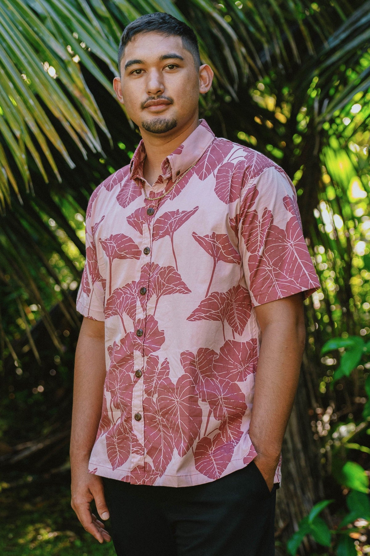 Men's Aloha Shirt in Rose Quartz Kalo — Front View | Kahulaleʻa