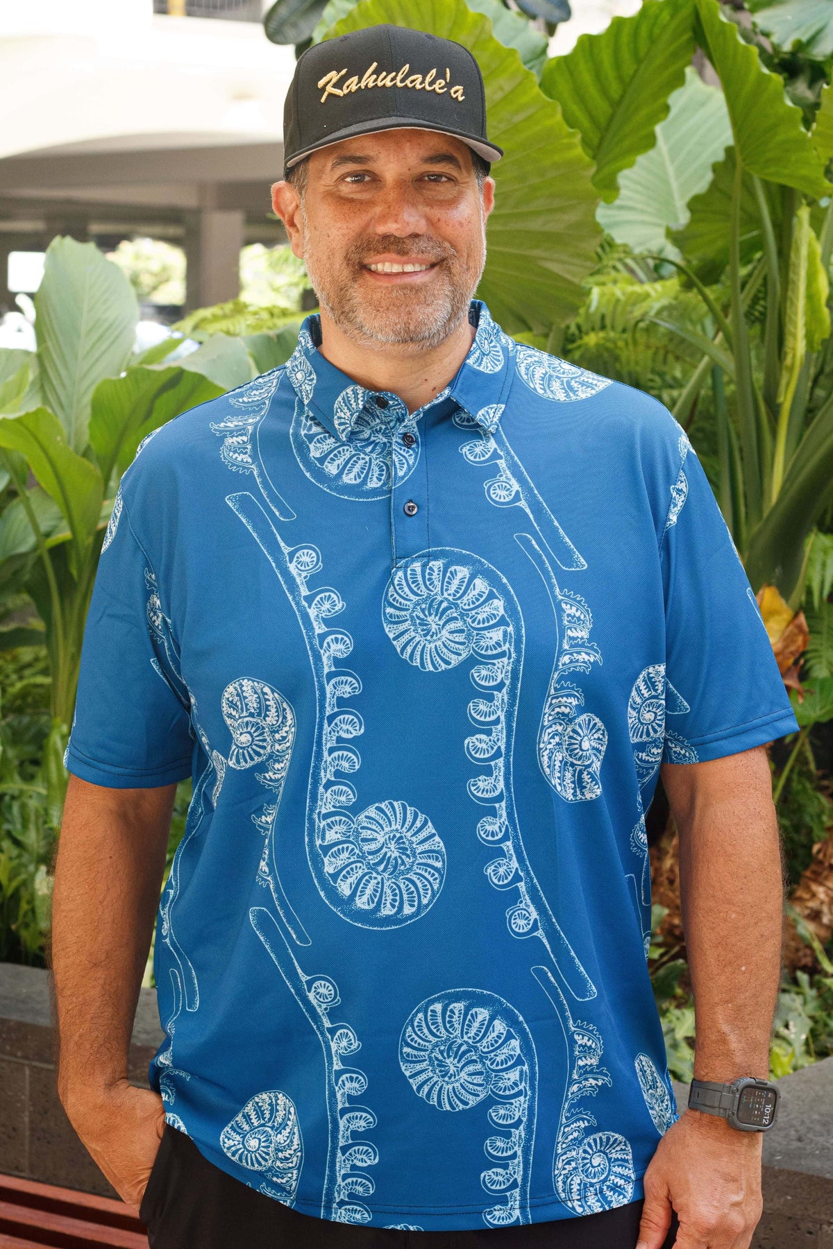 Men's ʻEkahi Polo in Blue Hāpuʻu — Front View, On-Model | Kahulaleʻa