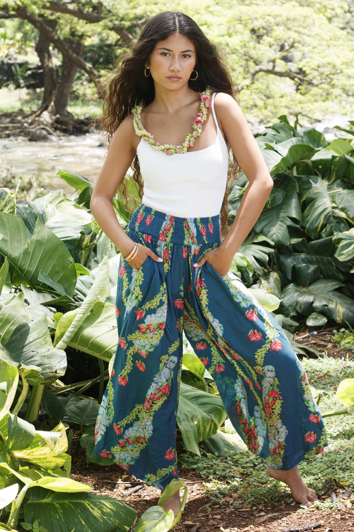 Pants Hālaʻi in Blue Lei Kaʻiʻini — Front View | Kahulaleʻa