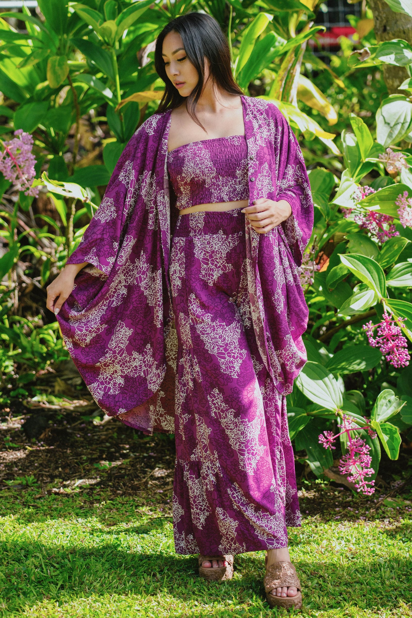 Pants Kōkeʻe in Orchid Liko — Front View, worn with the Smocked Bandeau Top Leila and Caftan Kiani | Kahulaleʻa