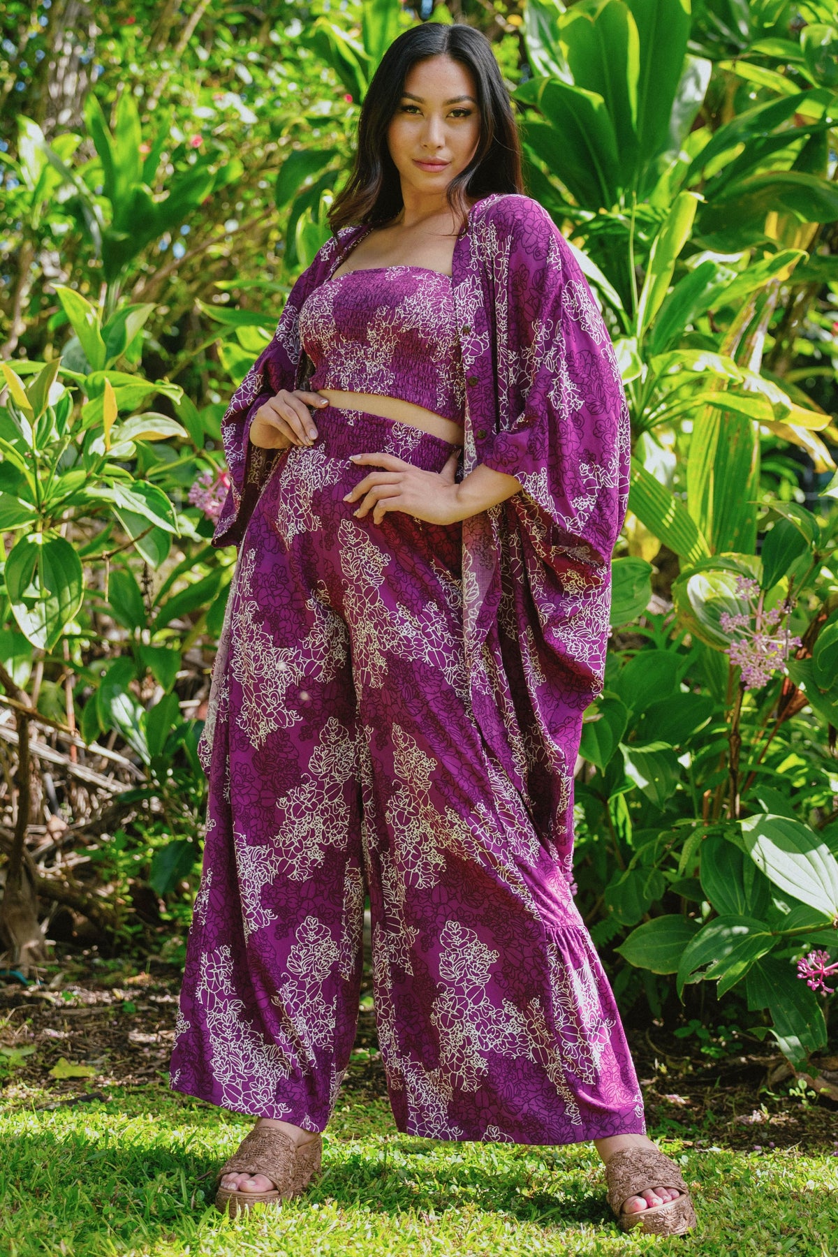 Pants Kōkeʻe in Orchid Liko — Front View, wide leg shown full length | Kahulaleʻa
