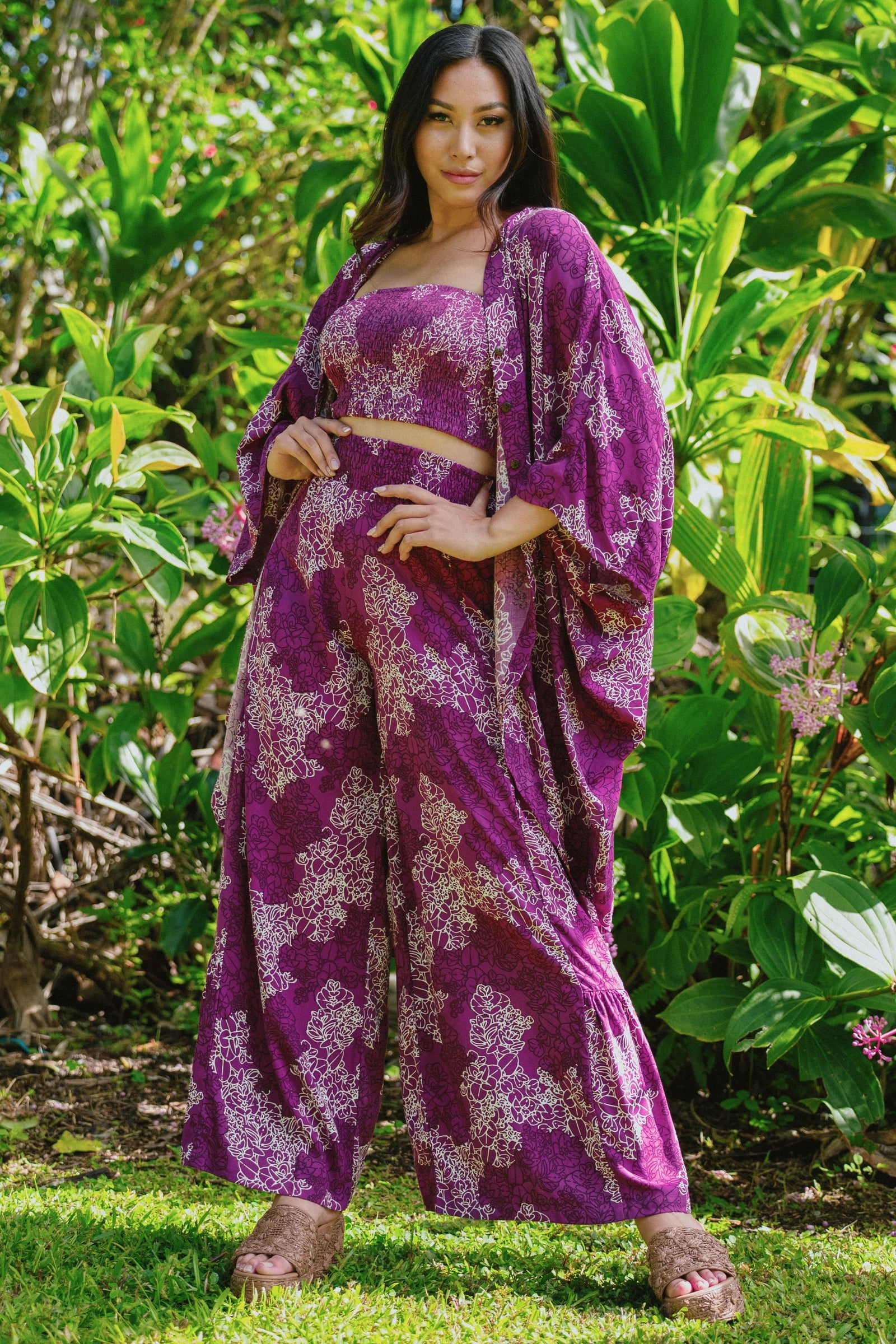 Pants Kōkeʻe in Orchid Liko — Front View, wide leg shown full length | Kahulaleʻa