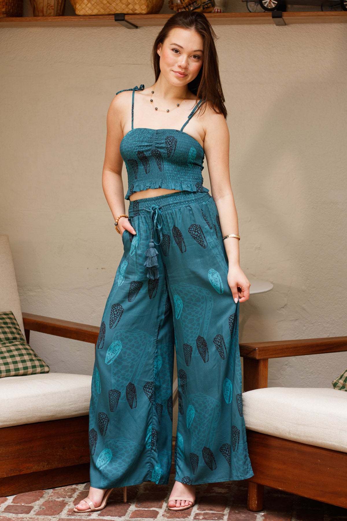 Pants Mālama in Lagoon Pūpū — Front View, worn with the Top Leʻa | Kahulaleʻa