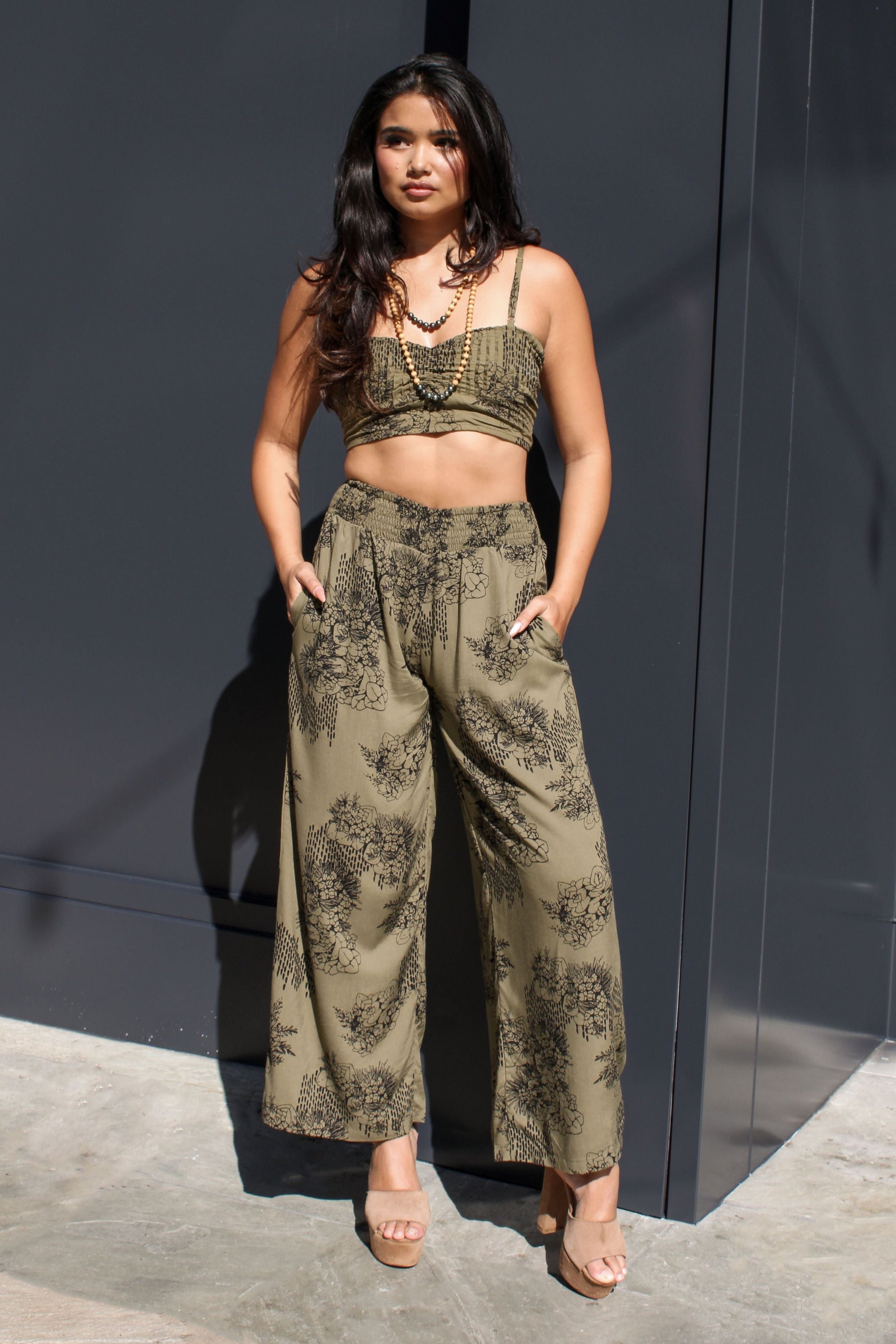 Pants Palazzo Mele Olive Ka Ua Moaniani Lehua O Puna