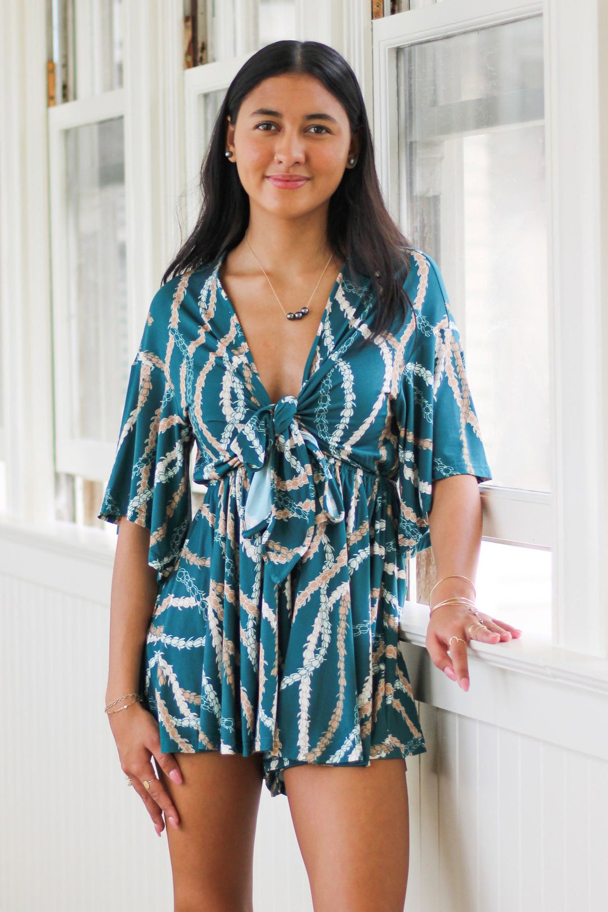 Women's Ipolani Romper - Teal Lei Ho'omaika'i - Front View | Kahulaleʻa