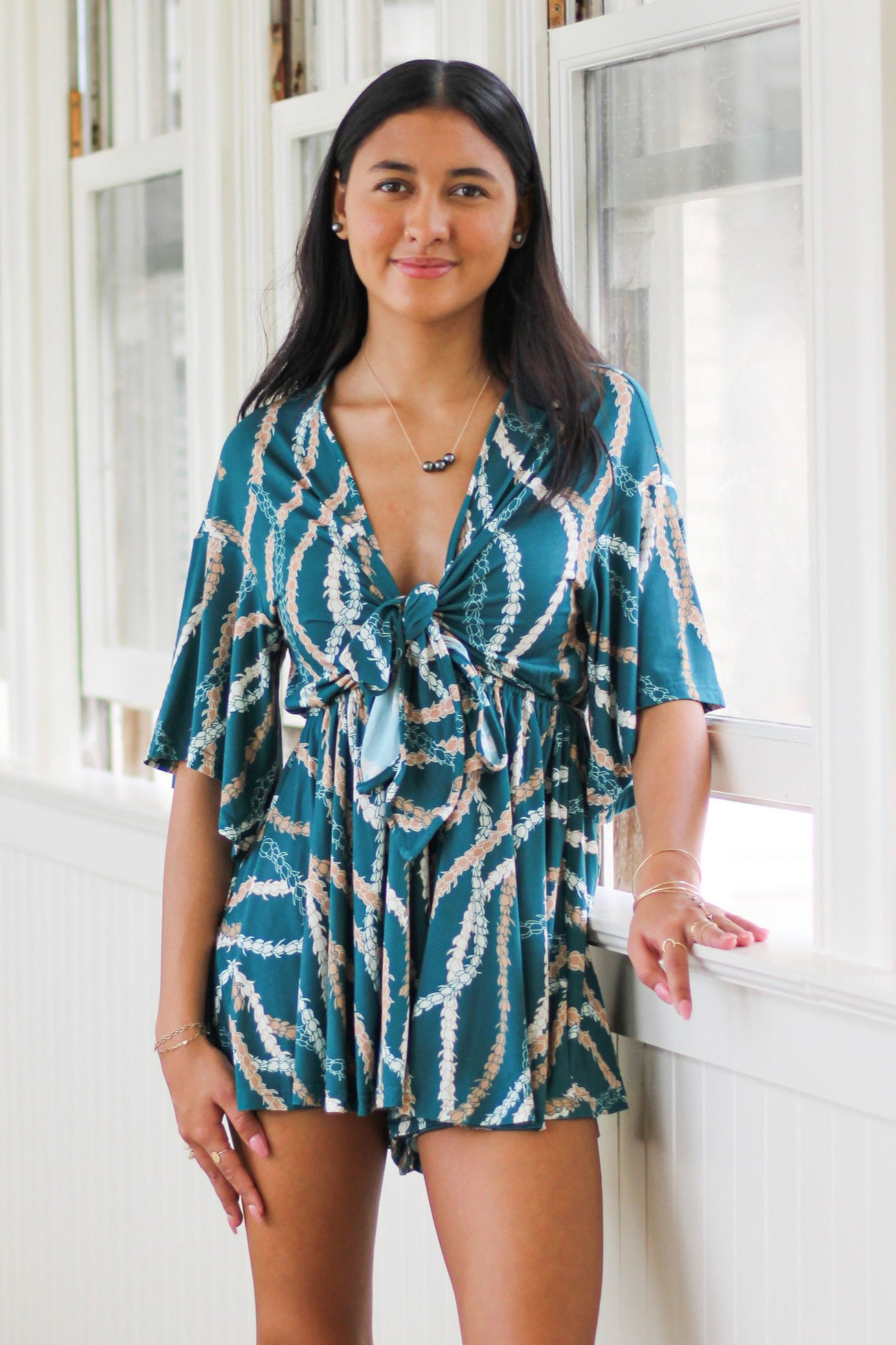 Women's Ipolani Romper - Teal Lei Ho'omaika'i - Front View | Kahulaleʻa