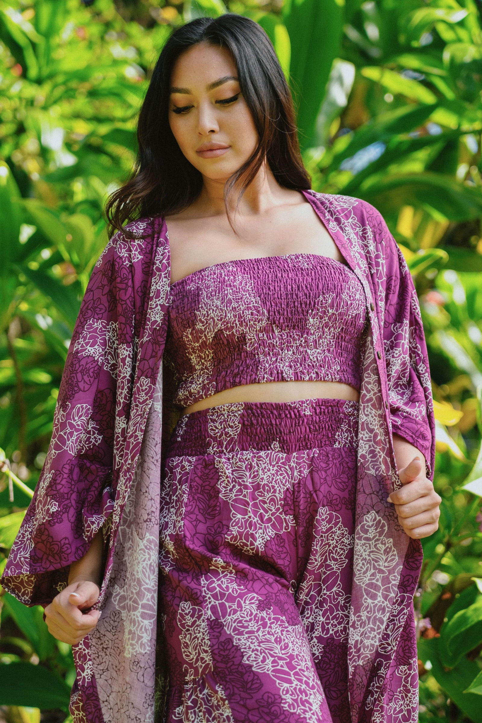 Smocked Bandeau Top Leila in Orchid Liko — Close-Up, smocking detail | Kahulaleʻa