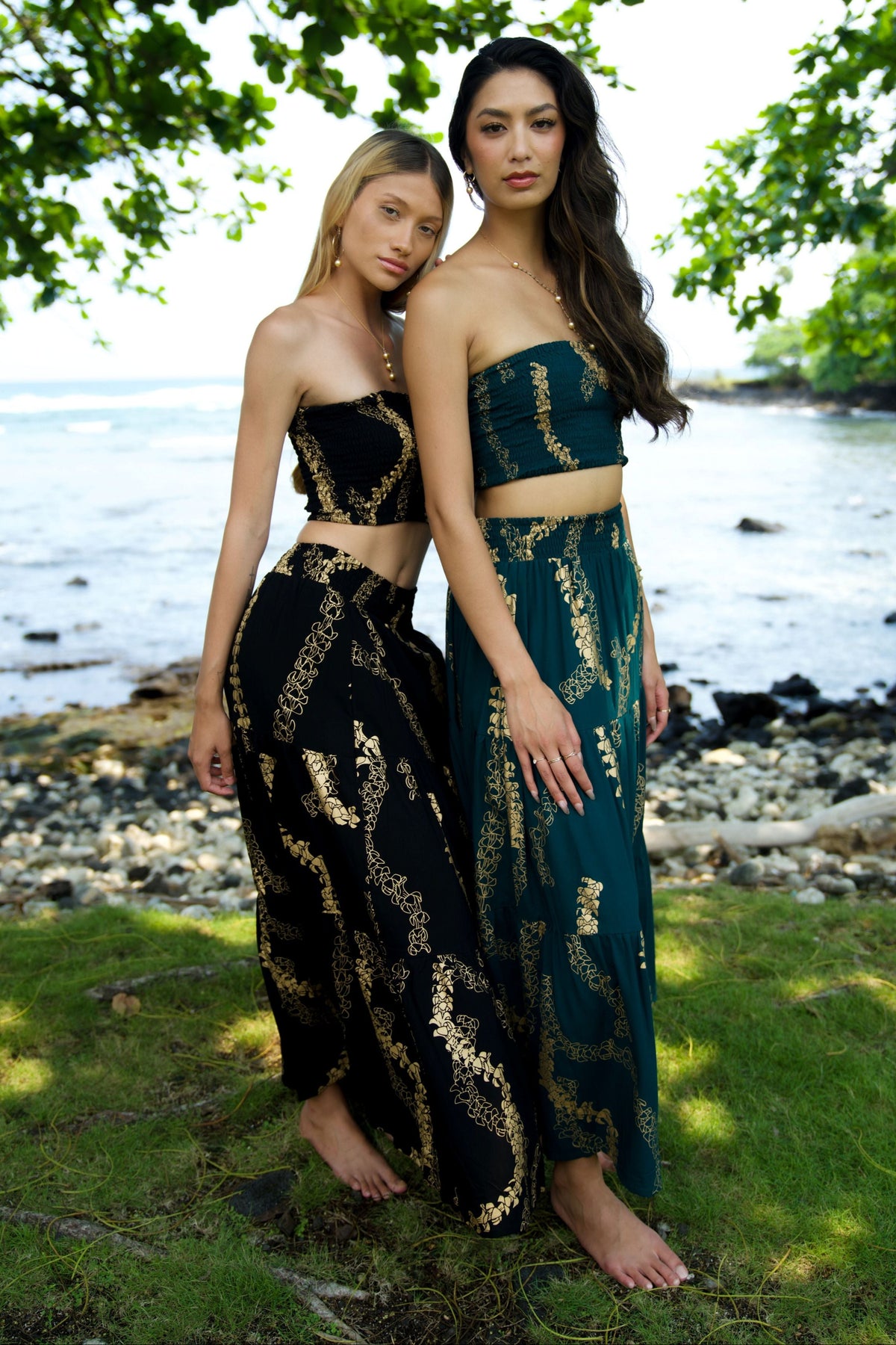 Smocked Bandeau Top Leila Teal Gold Lei Puakenikeni