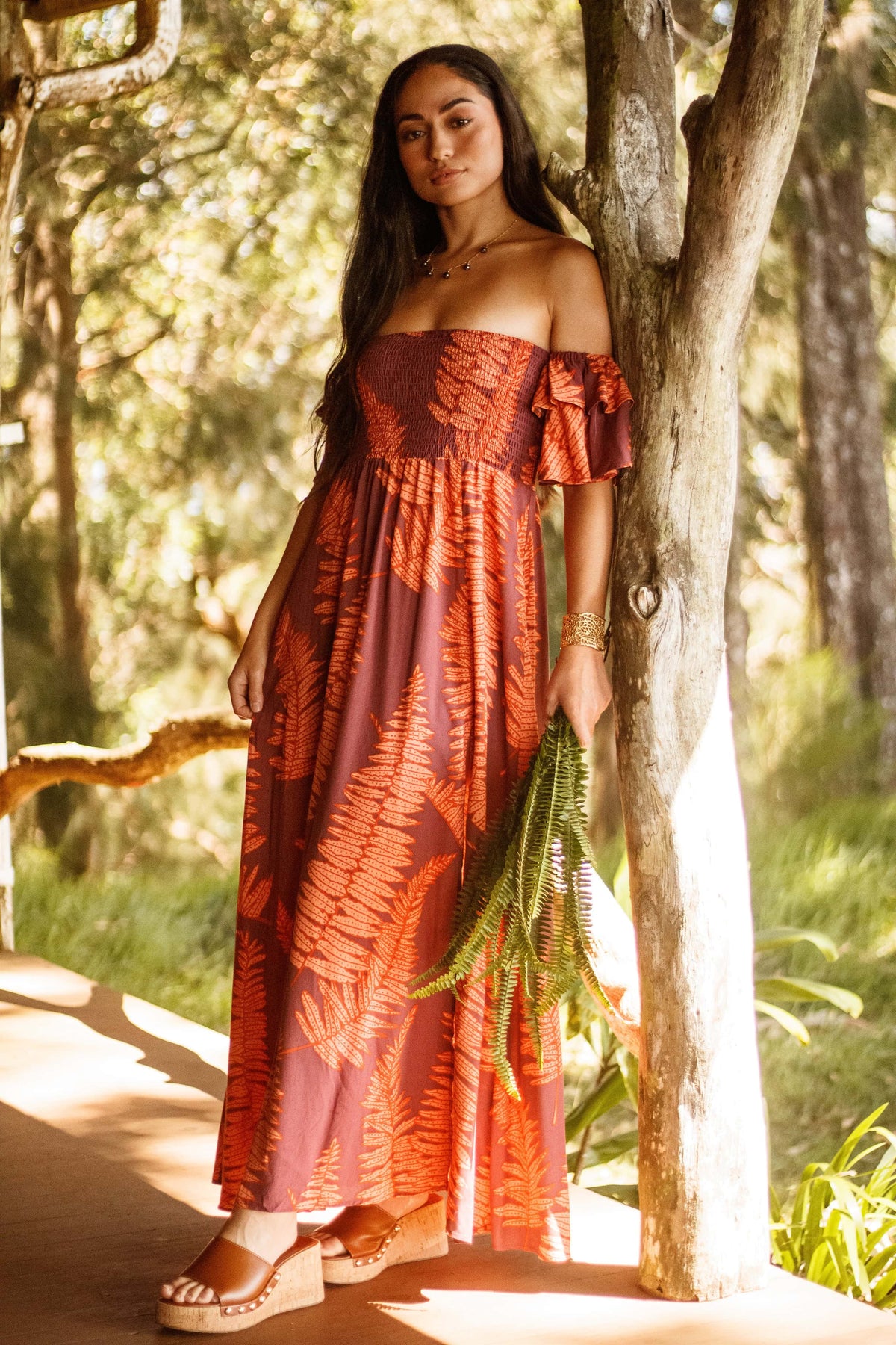 Dress Hoʻolai in Ember Glow Kupukupu — Front View | Kahulaleʻa