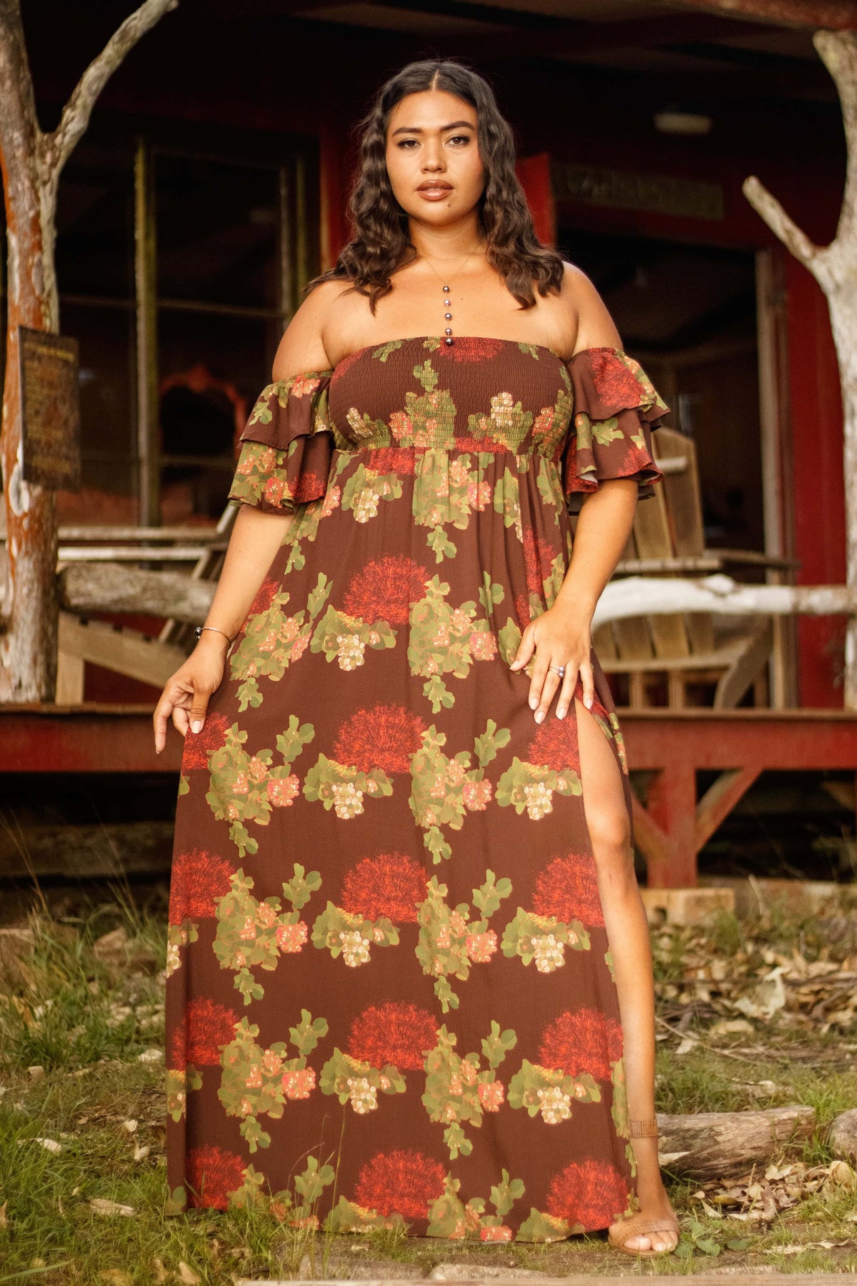 Dress Hoʻolai in Mocha Lehua Blossom — Front View | Kahulaleʻa