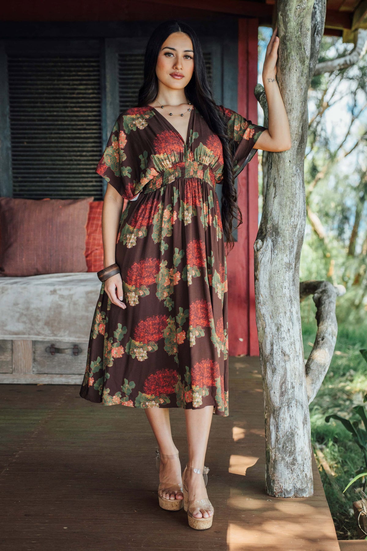 Dress Kamaile in Mocha Lehua Blossom — Front View, full length | Kahulaleʻa