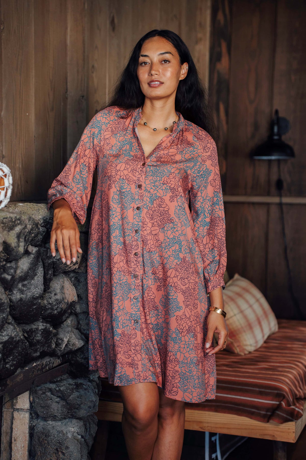 Dress Lanikai in Coral Tide Liko — Front View, closer crop | Kahulaleʻa