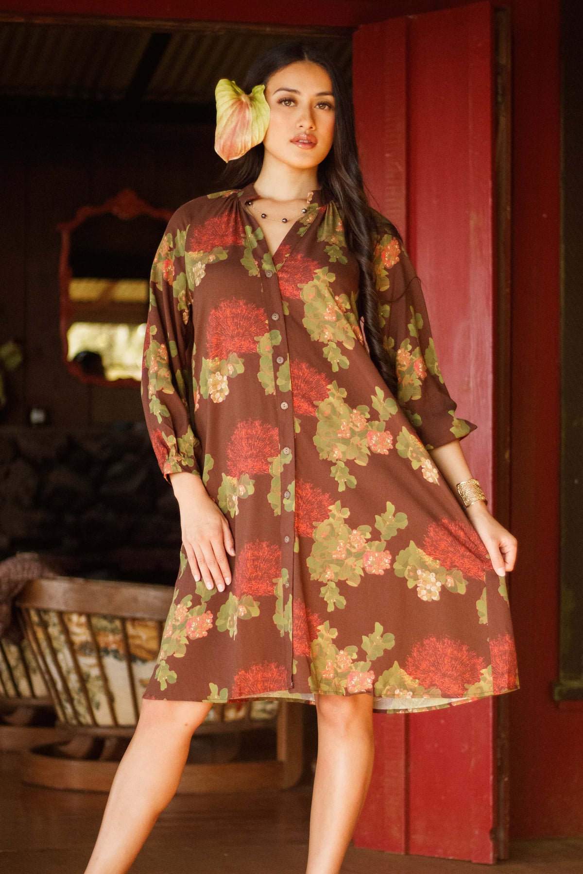 Dress Lanikai in Mocha Lehua Blossom — Front View, full length | Kahulaleʻa