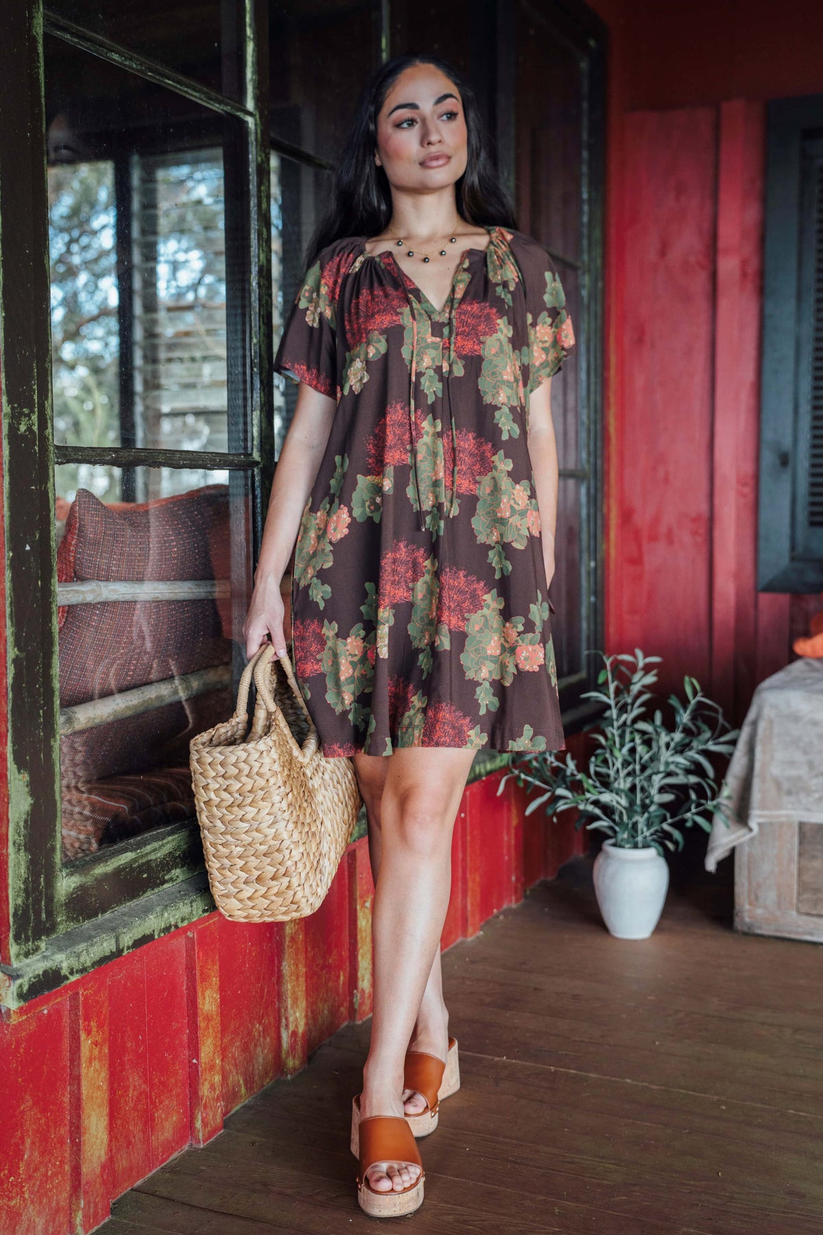 Dress Leilani in Mocha Lehua Blossom — Front View, full length | Kahulaleʻa