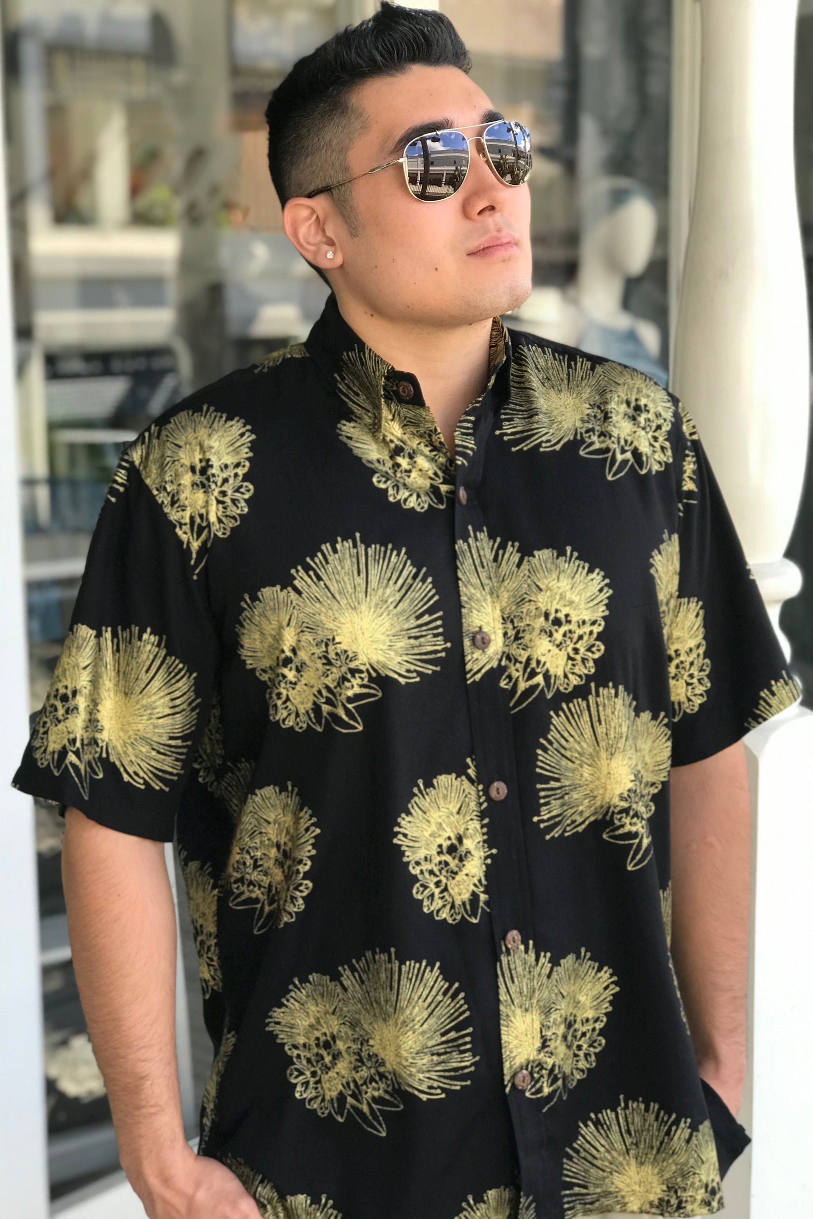 Men's Aloha Shirt Black Gold Hōpoelehuaopuna