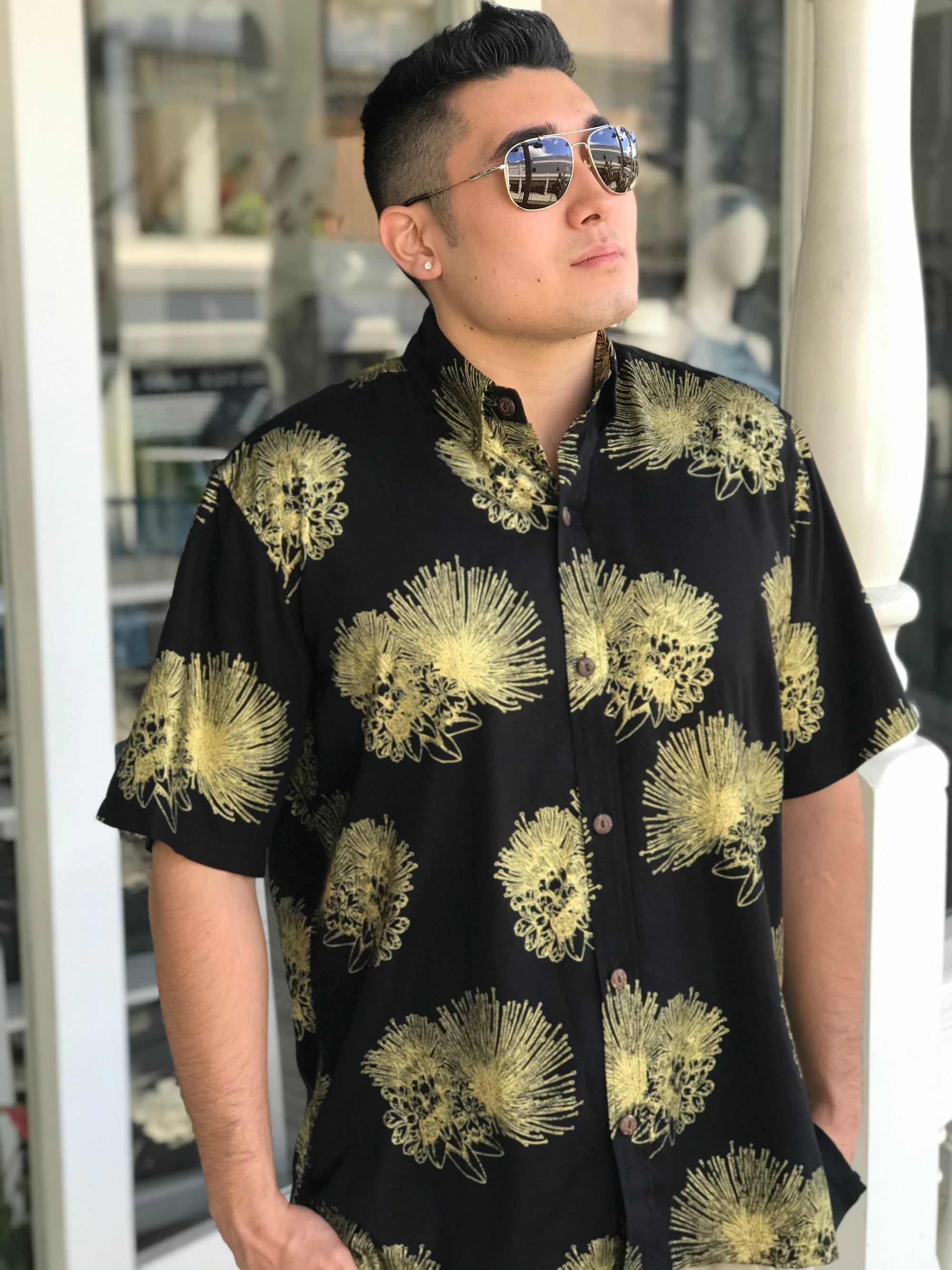 Men's Aloha Shirt Black Gold Hōpoelehuaopuna