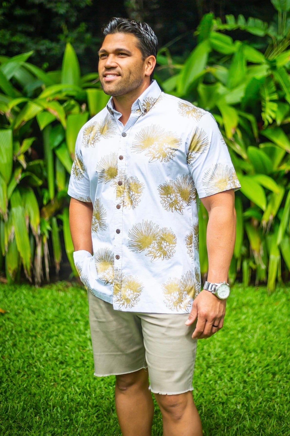 Men's Aloha Shirt White Gold Hōpoelehuaopuna
