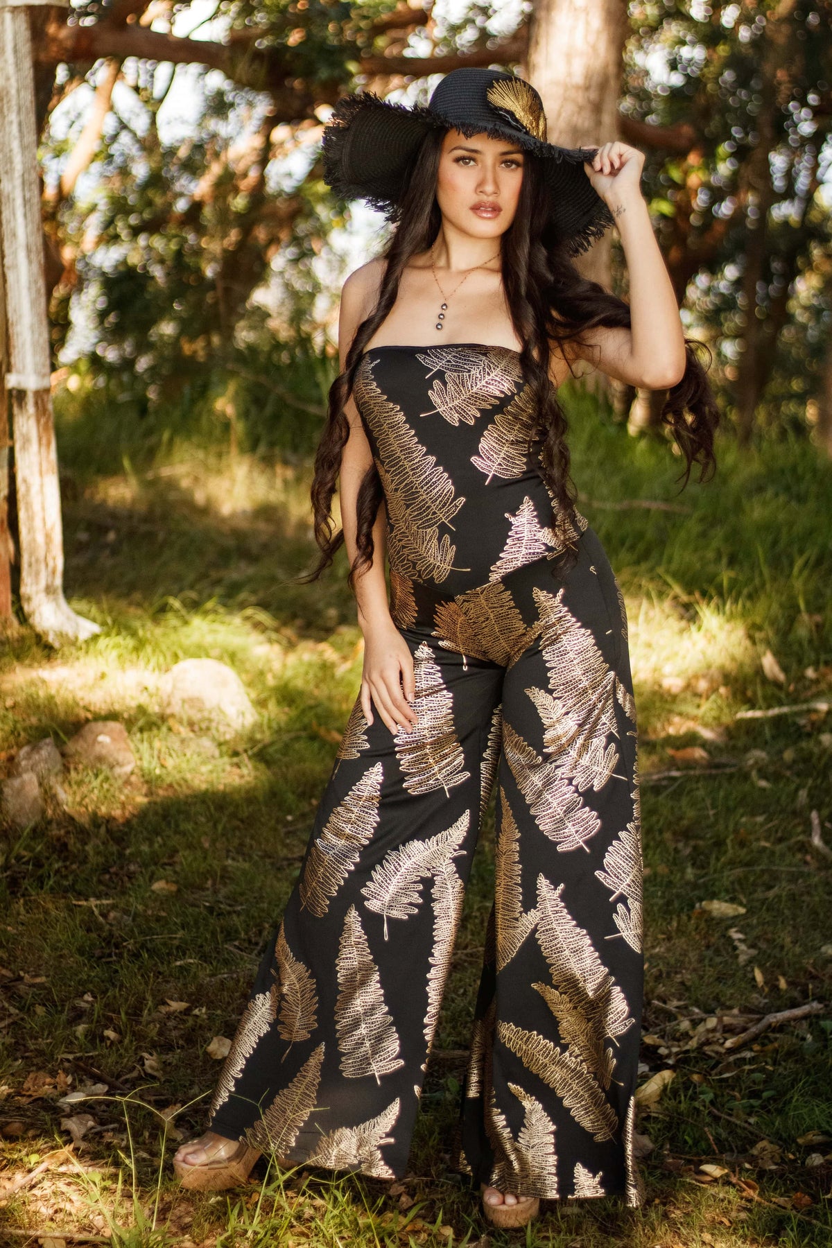Jumpsuit Mahina in Mirror Gold Kupukupu — Front View, with hat | Kahulaleʻa